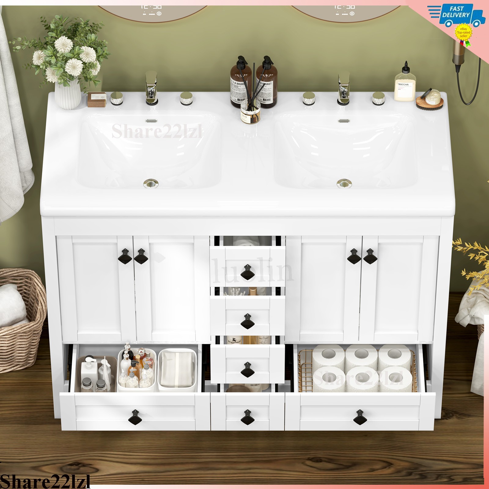 47inch Bathroom Vanity Bathroom Storage Cabinet with Double Ceramic Sink White