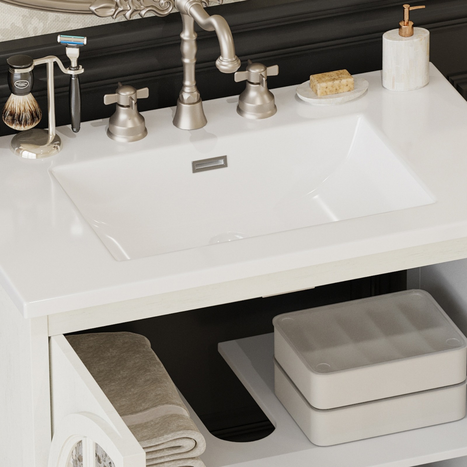 Farmhouse Bathroom Vanity with Ceramic Sink，Storage Cabinet w/Soft-Closing Doors