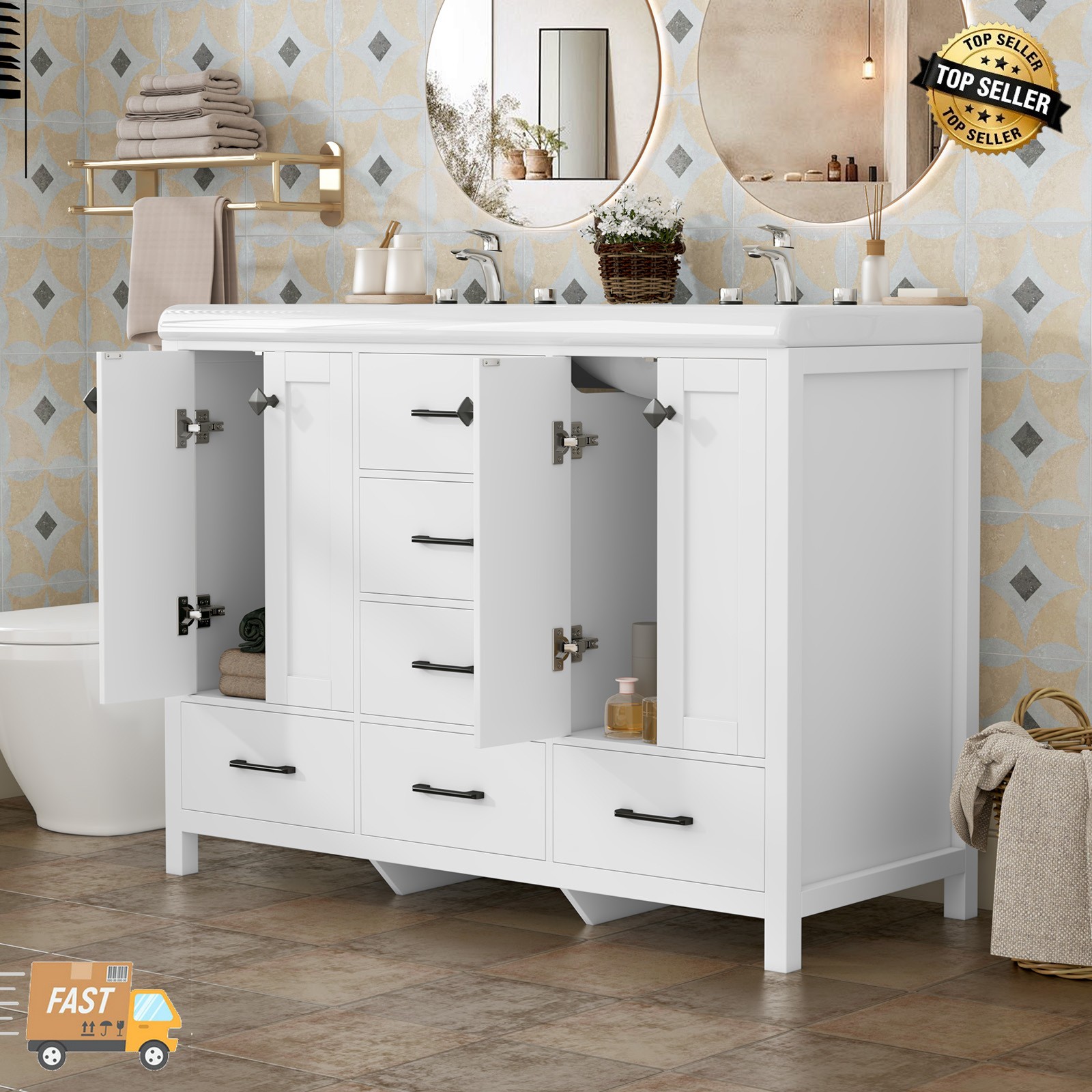 47.3″ Bathroom Vanity Double Sink Ceramic Freestanding Storage Cabinet Drawers.