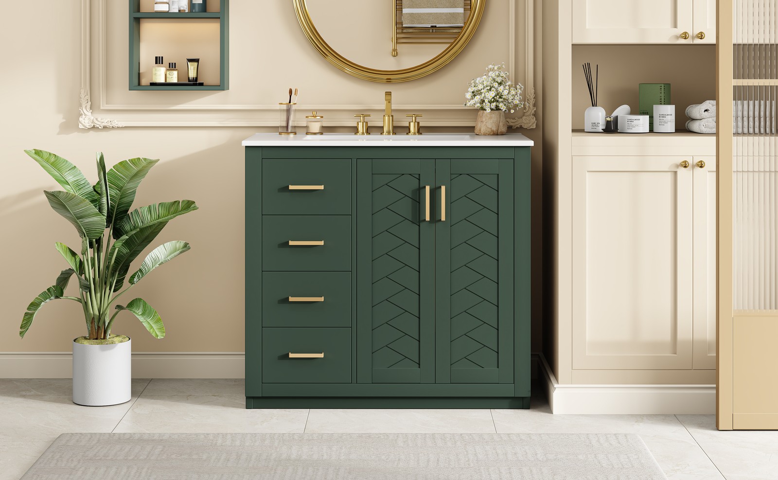 36″ Bathroom Vanity with Ceramic Sink, Solid Wood Frame, 3 Drawers