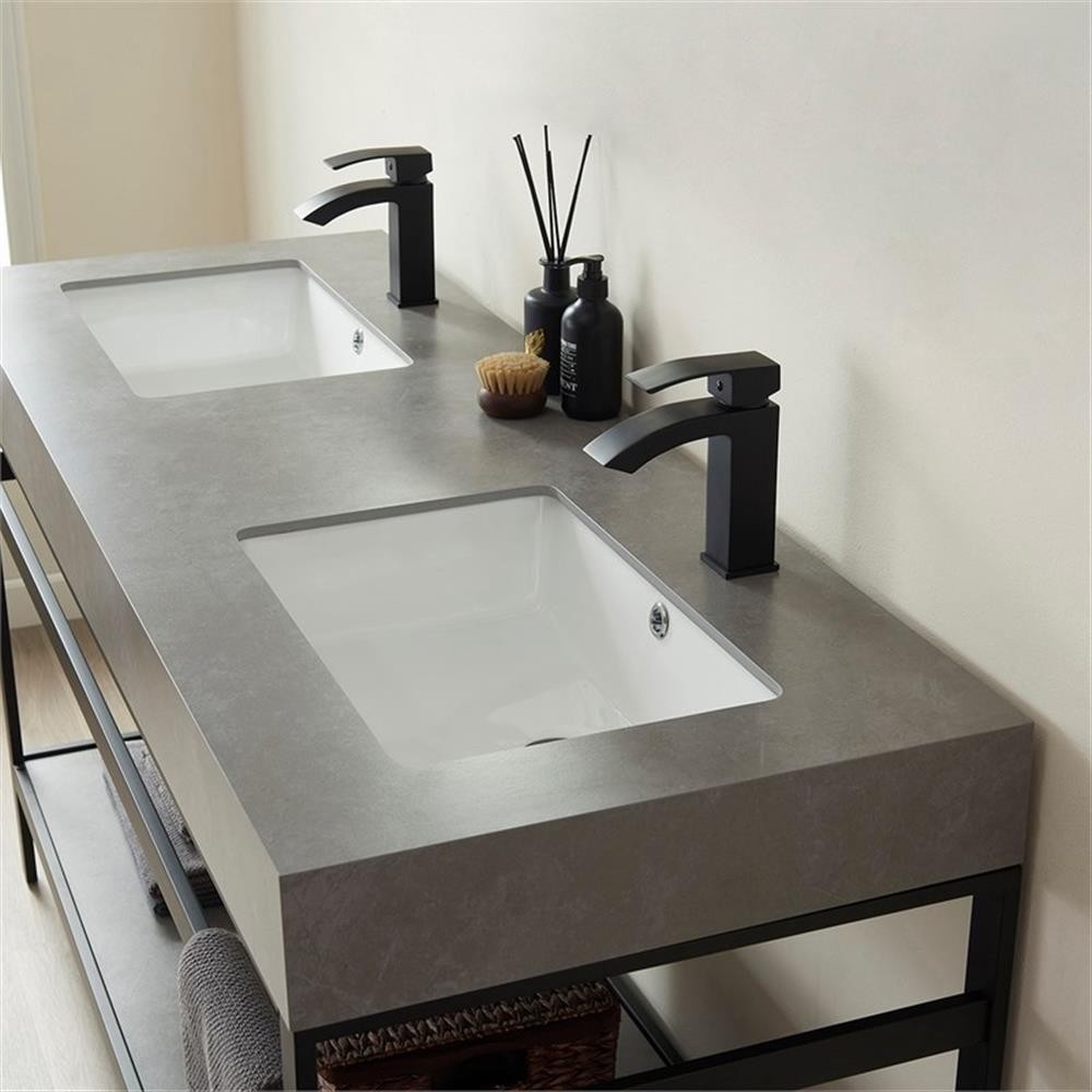 Funes 60″ Double Sink Bathroom Vanity in Matte Black Frame Gray Top No Mirror