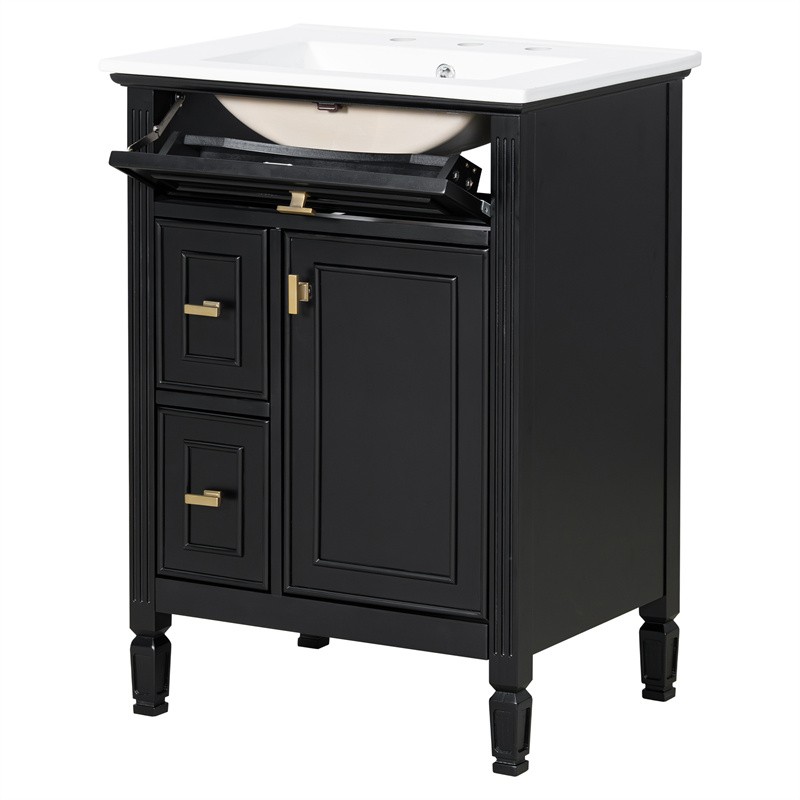 24-In Modern Bathroom Vanity with Ceramic Sink,Black Wood Cabinet with 3 Drawers