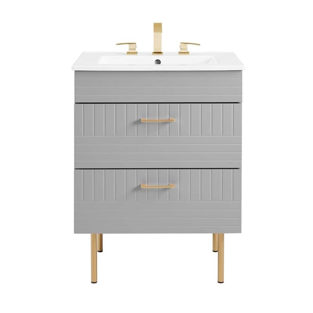 Pemberly Row 24″ Modern Wood/Ceramic Bathroom Vanity with Gold Legs in Gray