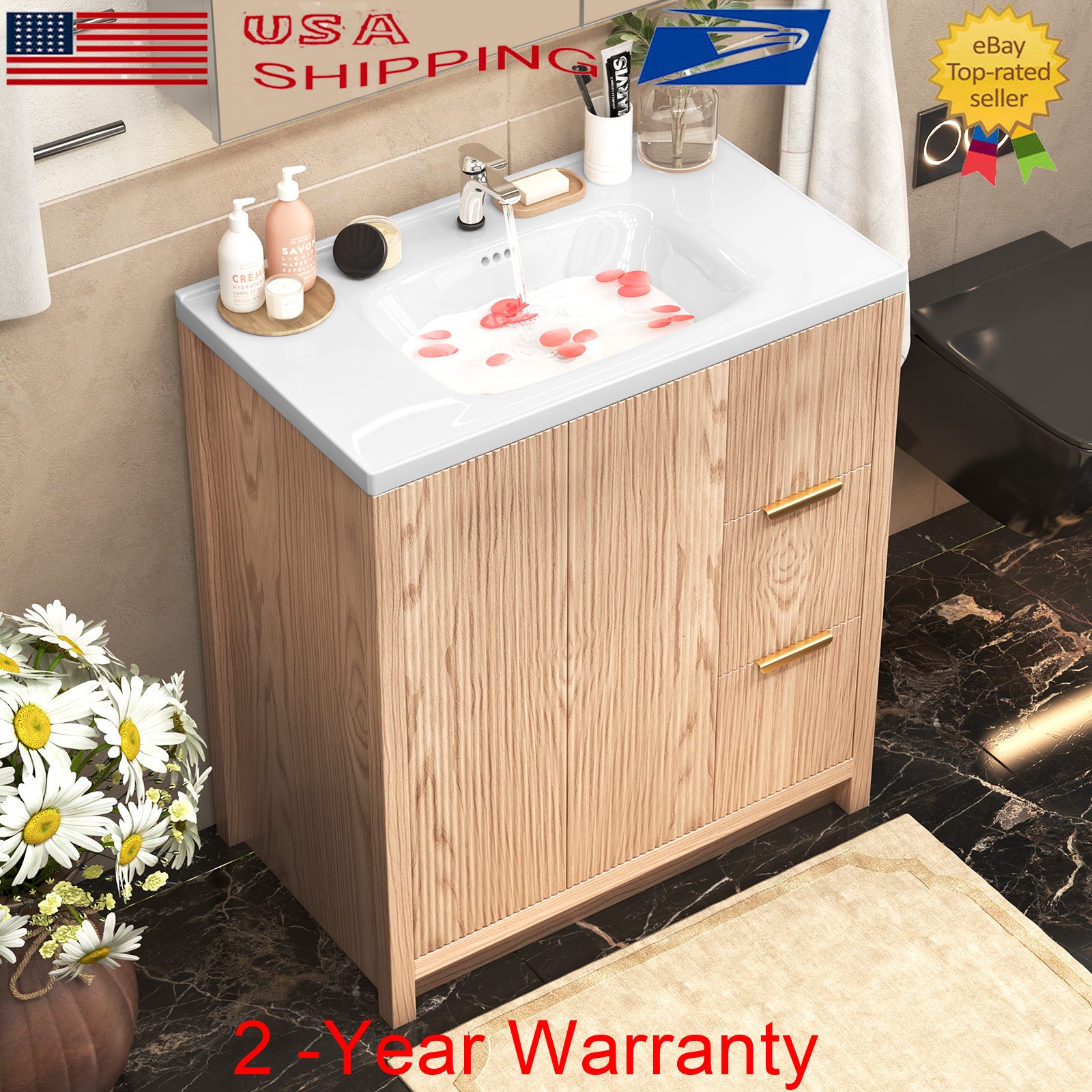 35.5″ Bathroom Vanity w/Sink, Freestanding Storage Vanity Door Cabinet 2 Drawers