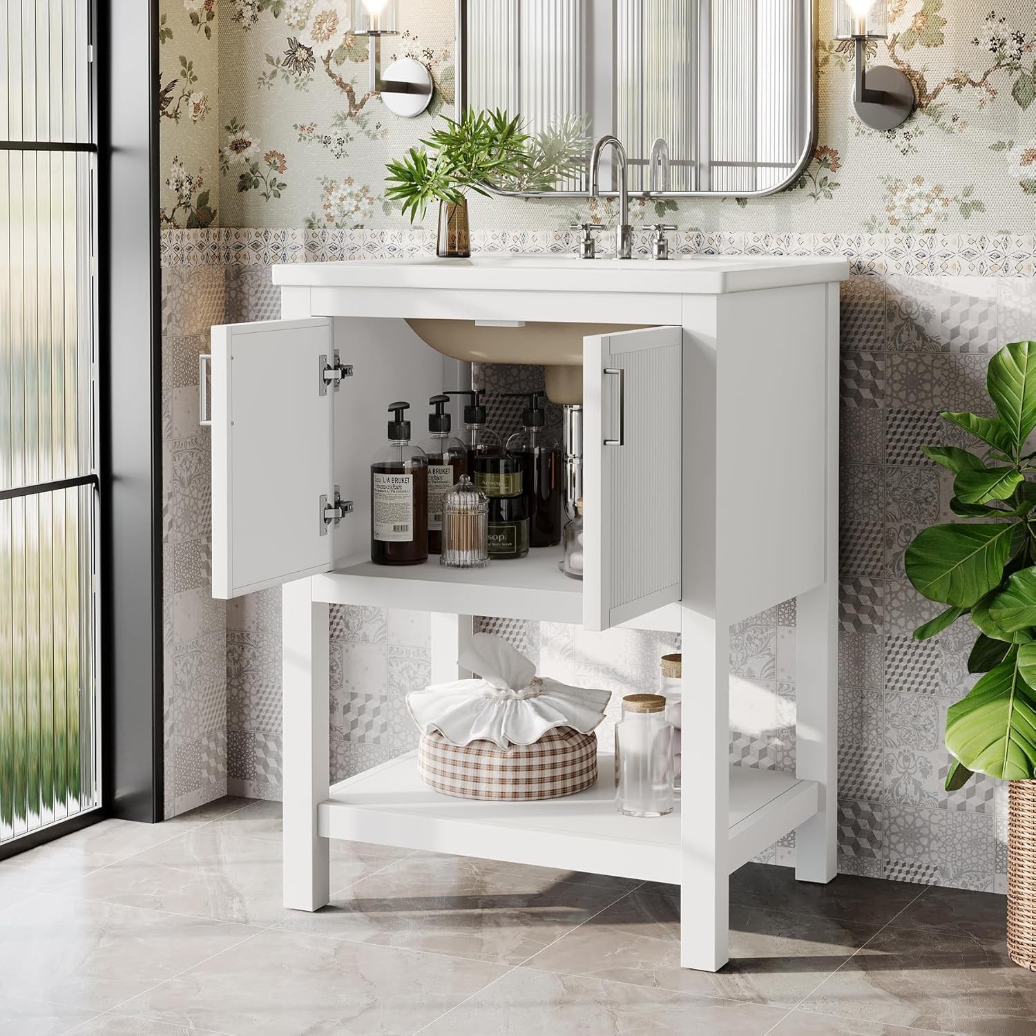 24″ Bathroom Vanity with Ceramic Sink, Modern Bathroom Cabinet w/ 2 Doors White