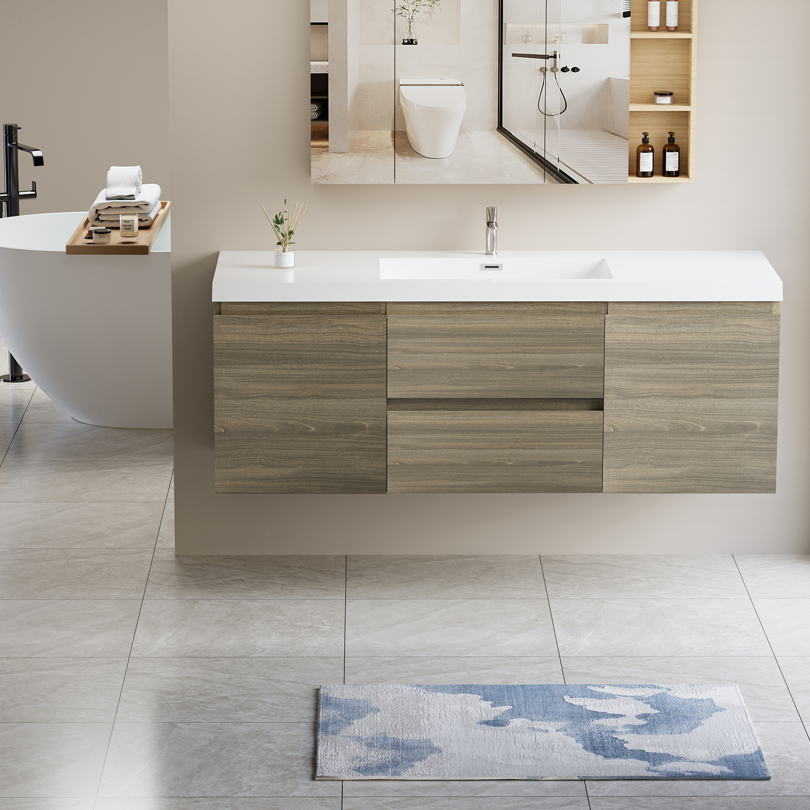 60″ Floating Wall-Mounted Bathroom Vanity with Resin Sink Drawers Doors Ash Grey