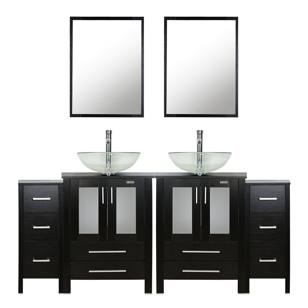 72″ Black Bathroom Vanity Set Glass Vessel Sink Small Cabinet Faucet Combo