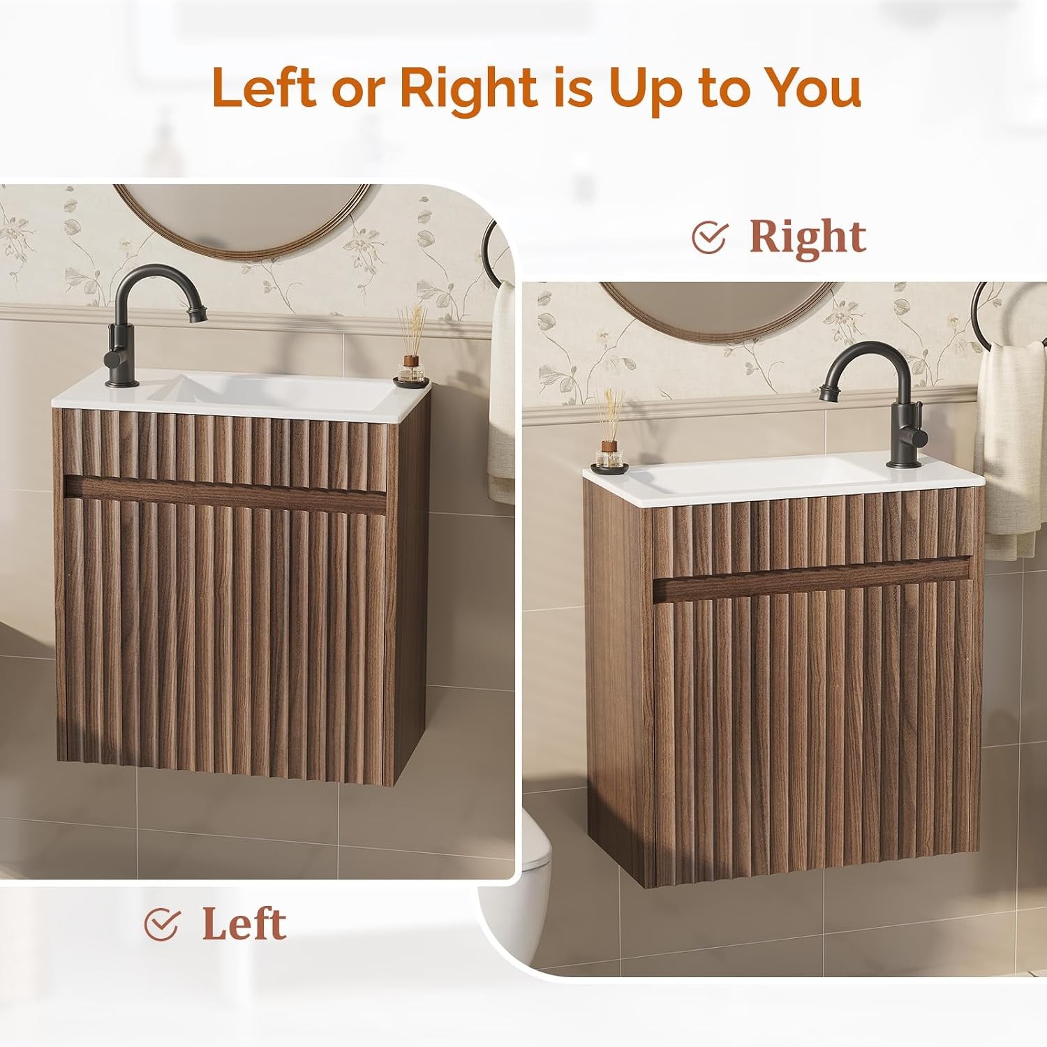 18″ Floating Fluted Bathroom Vanity with Ceramic Sink Wall Mounted Bathroom
