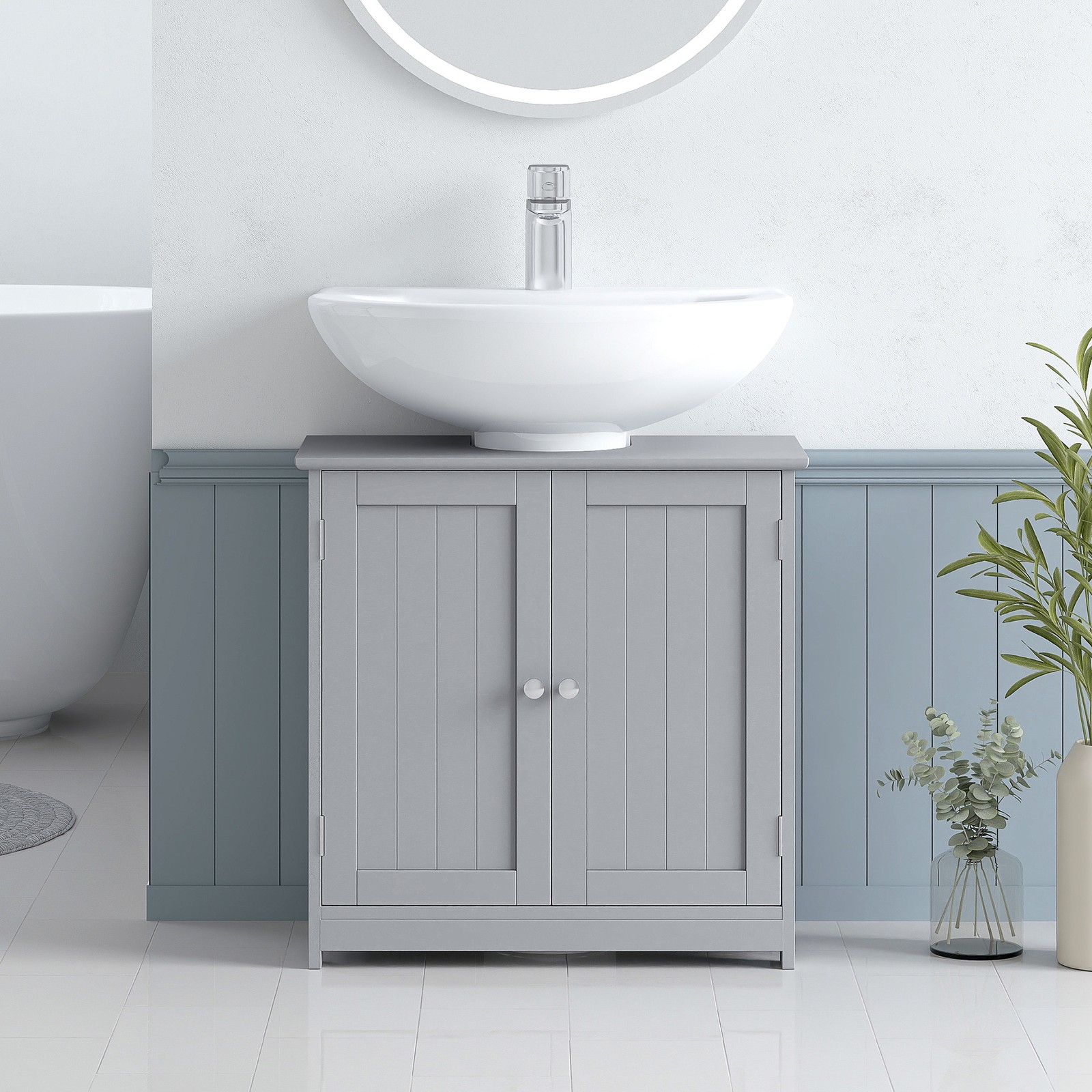 Short Pedestal Sink Washroom Storage Furniture w/Double Doors and Moveable Shelf