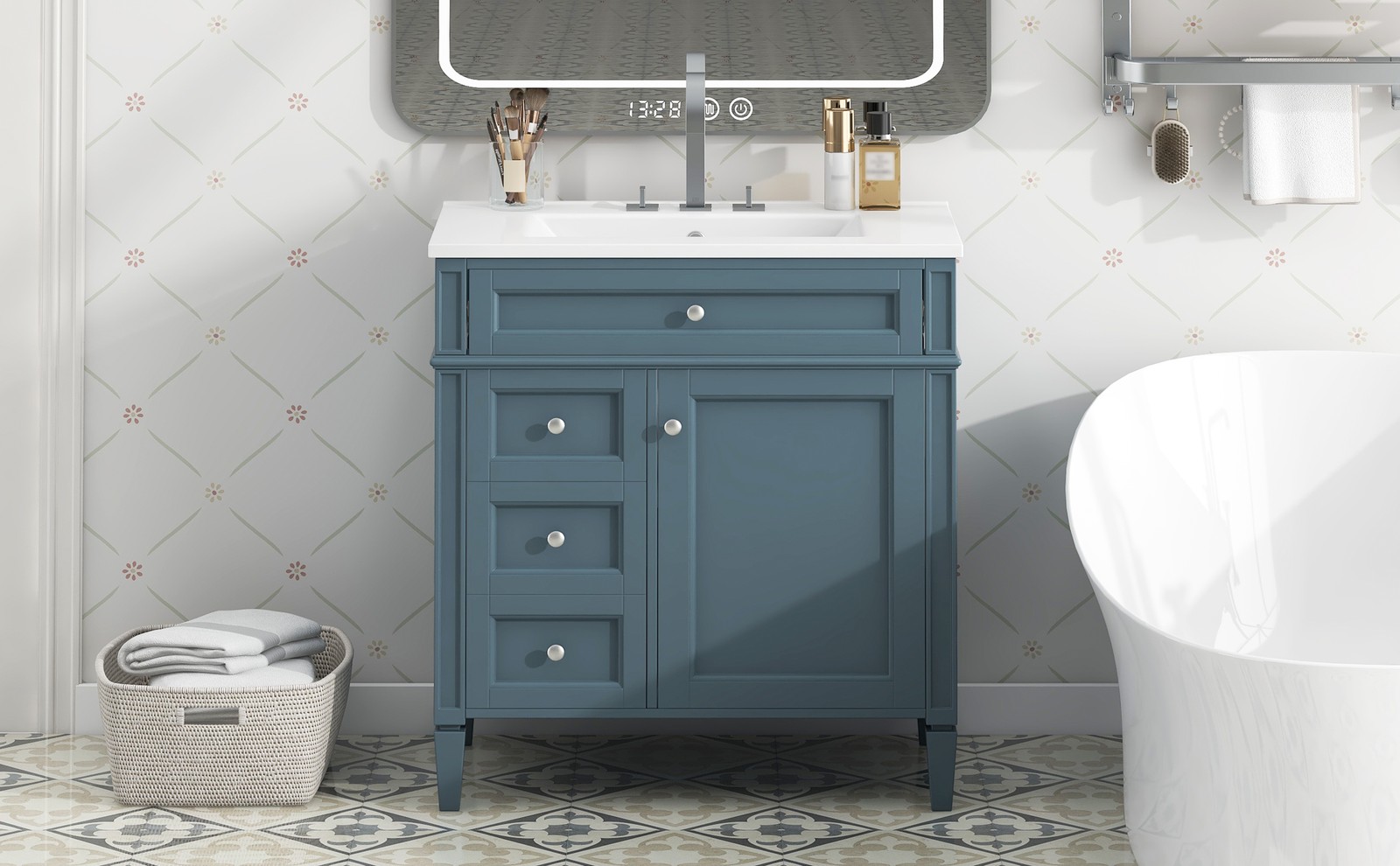 30″ Bathroom Vanity with Top Sink, 2 Drawers & Tip-Out Drawer