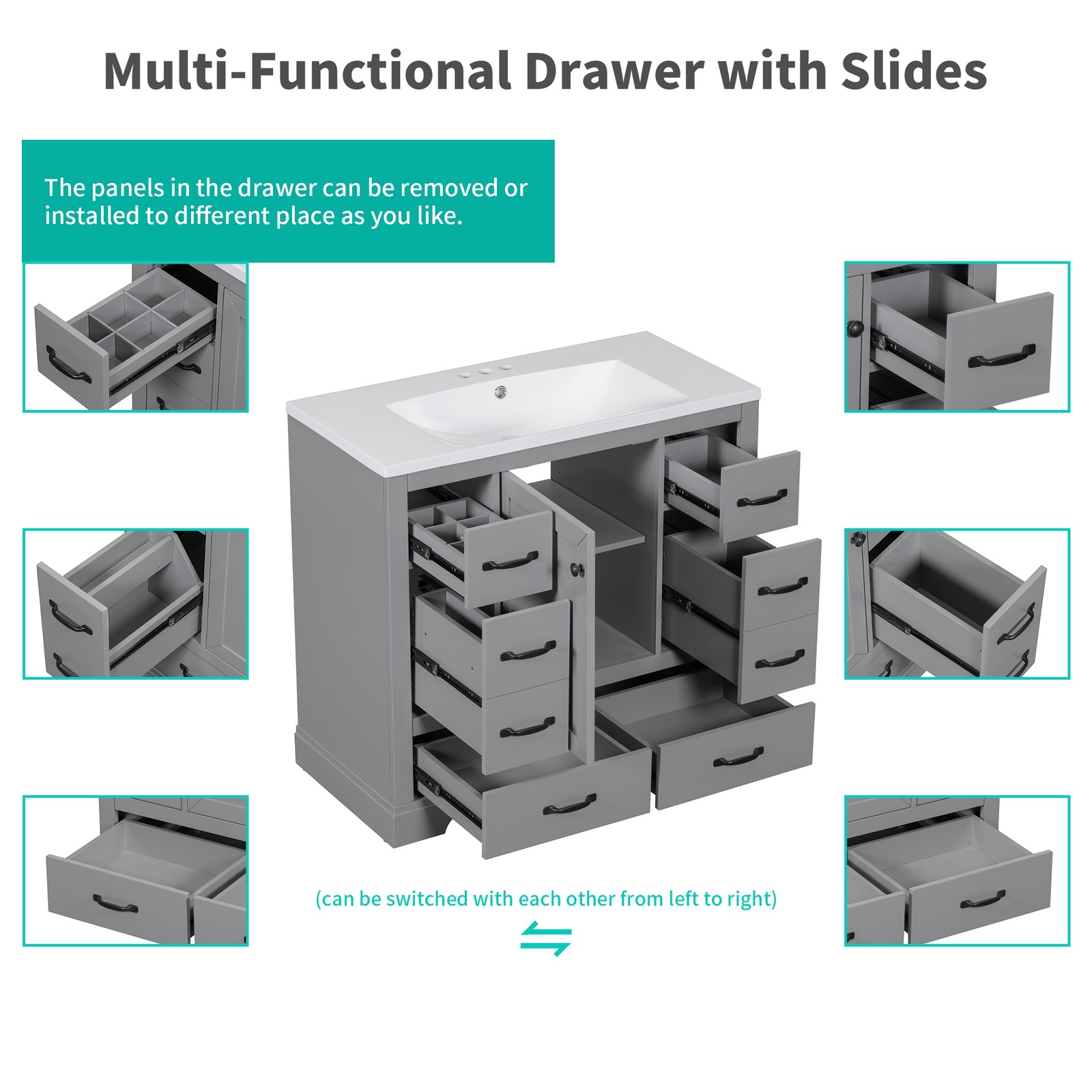 36″ Bathroom Vanity Base Only, 6 Drawers, Adjustable Shelf, Gray