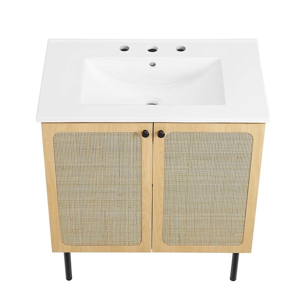 Pemberly Row Contemporary 30″ Wood & Rattan Bathroom Vanity in Oak/White