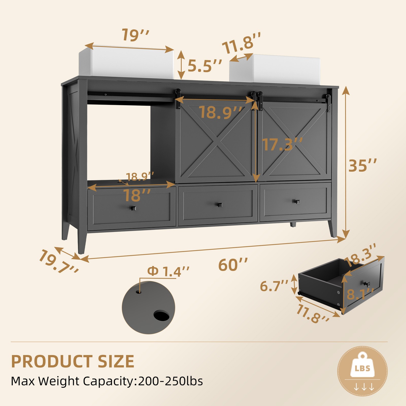 60-inch Grey Bathroom Vanity with Ceramic Sink Combo Abundant Storage Cabinet US