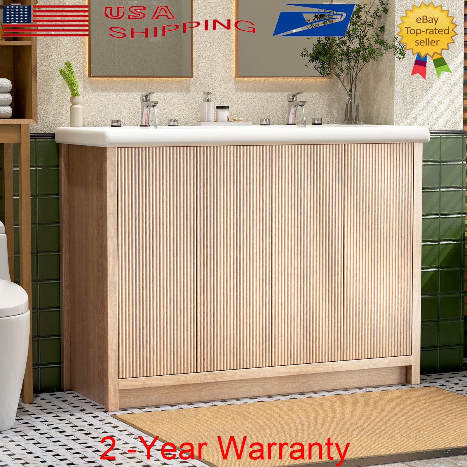 47.3″ Bathroom Vanity Set Double Sink Ceramic Freestanding Cabinet Wood Grain