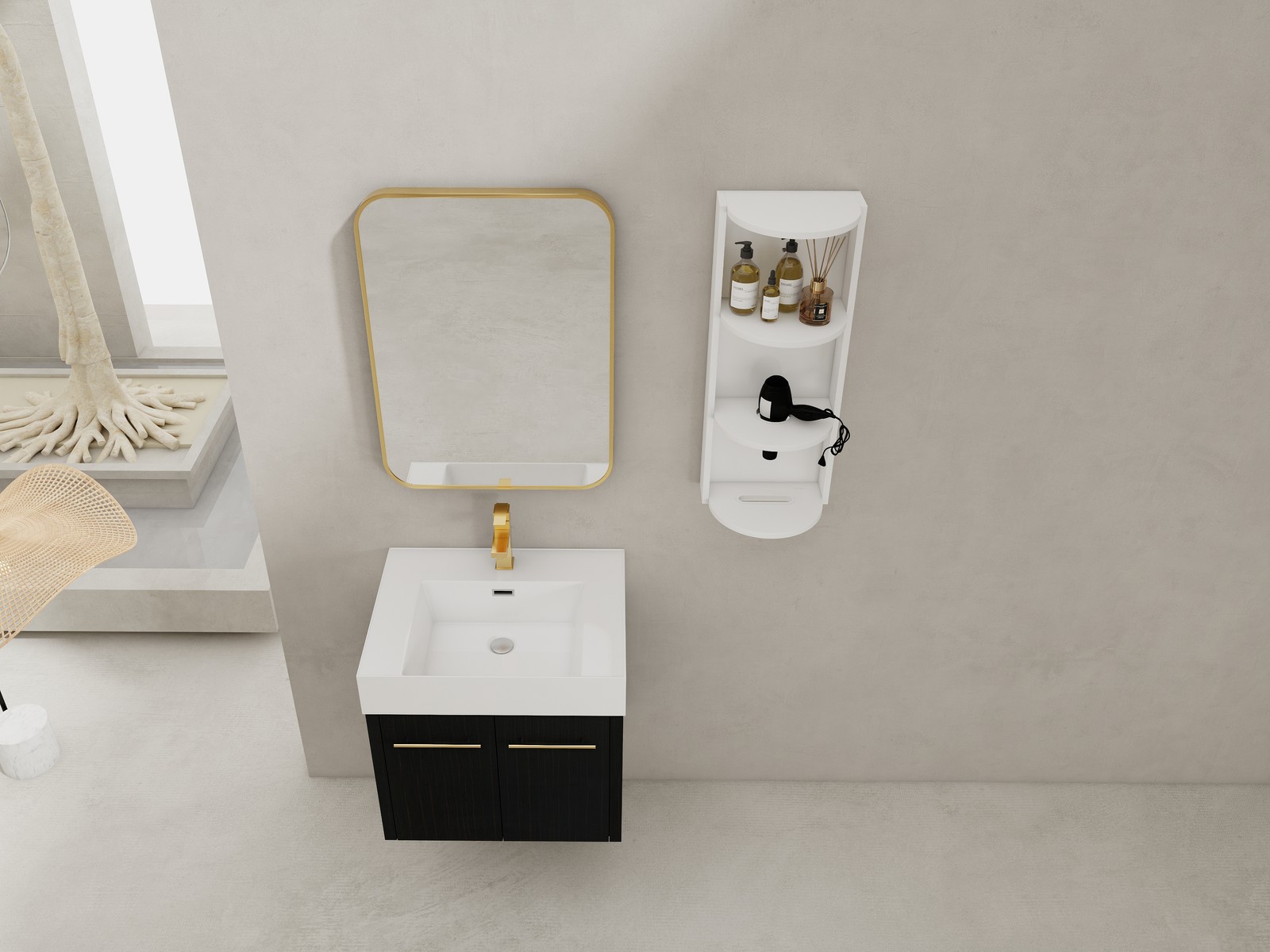 24In Plywood Wall-Mounted Bathroom Vanity W/Resin Sink Doors + Side Storage Rack