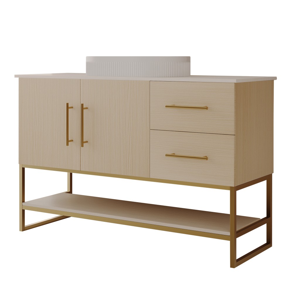 36″ Modern Bathroom Vanity Ceramic Vessel Sink Gold Accent Free Standing Cabinet