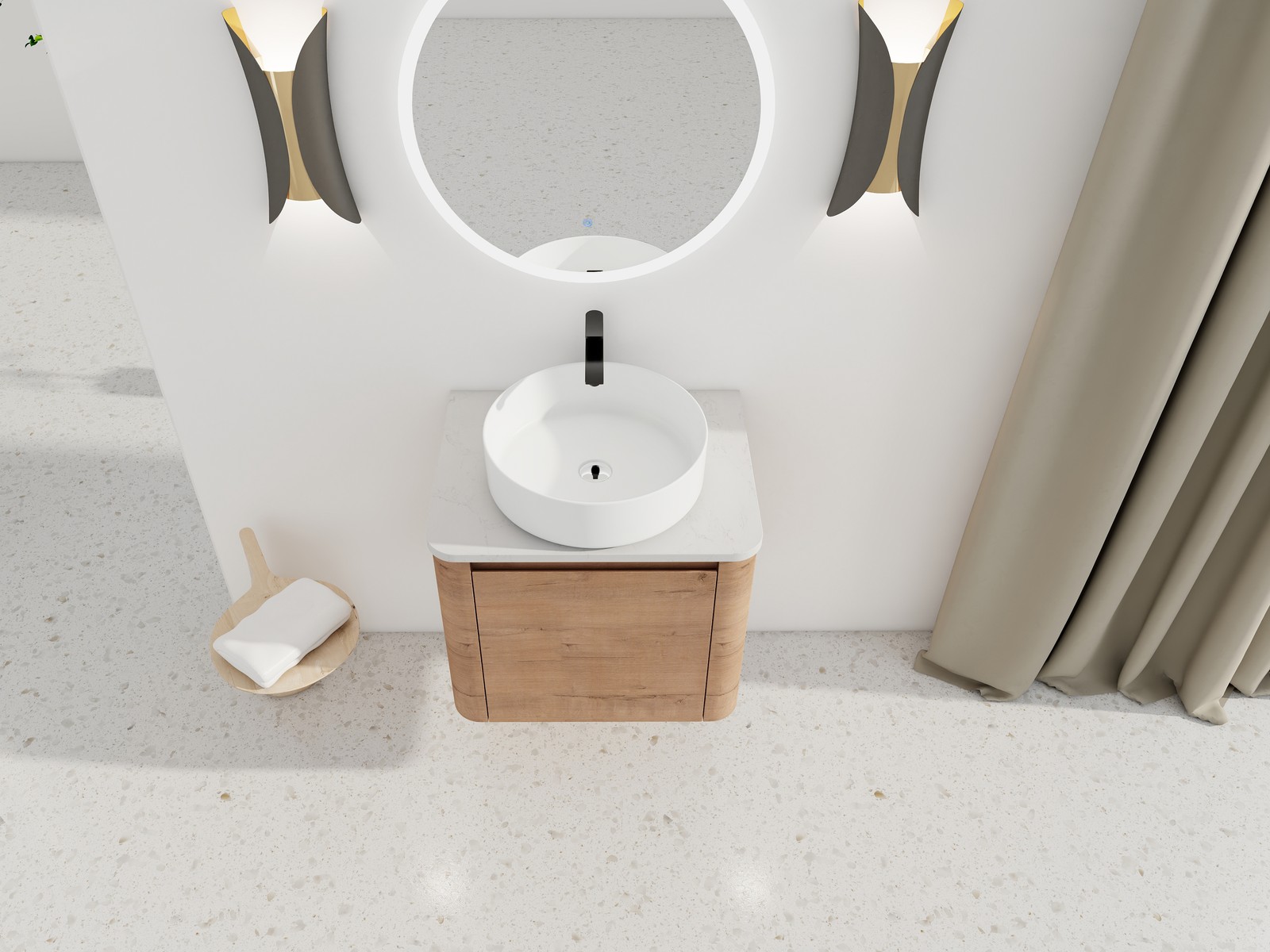 24 In Bathroom Vanity With White Flat Stone Slab Top White Ceramic Vessel Sink