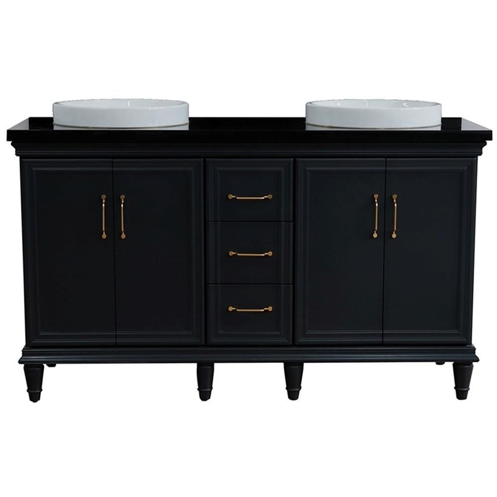 61 in. Double Wooden Vanity Dark Gray Black Galaxy Granite Round Sink