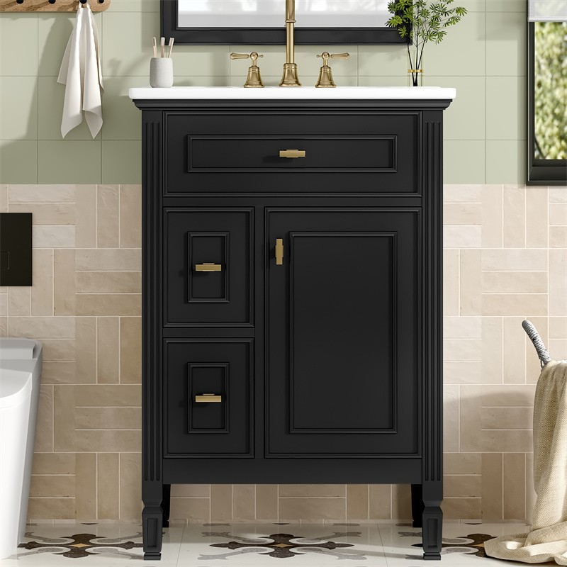 24-In Modern Bathroom Vanity with Ceramic Sink,Black Wood Cabinet with 3 Drawers