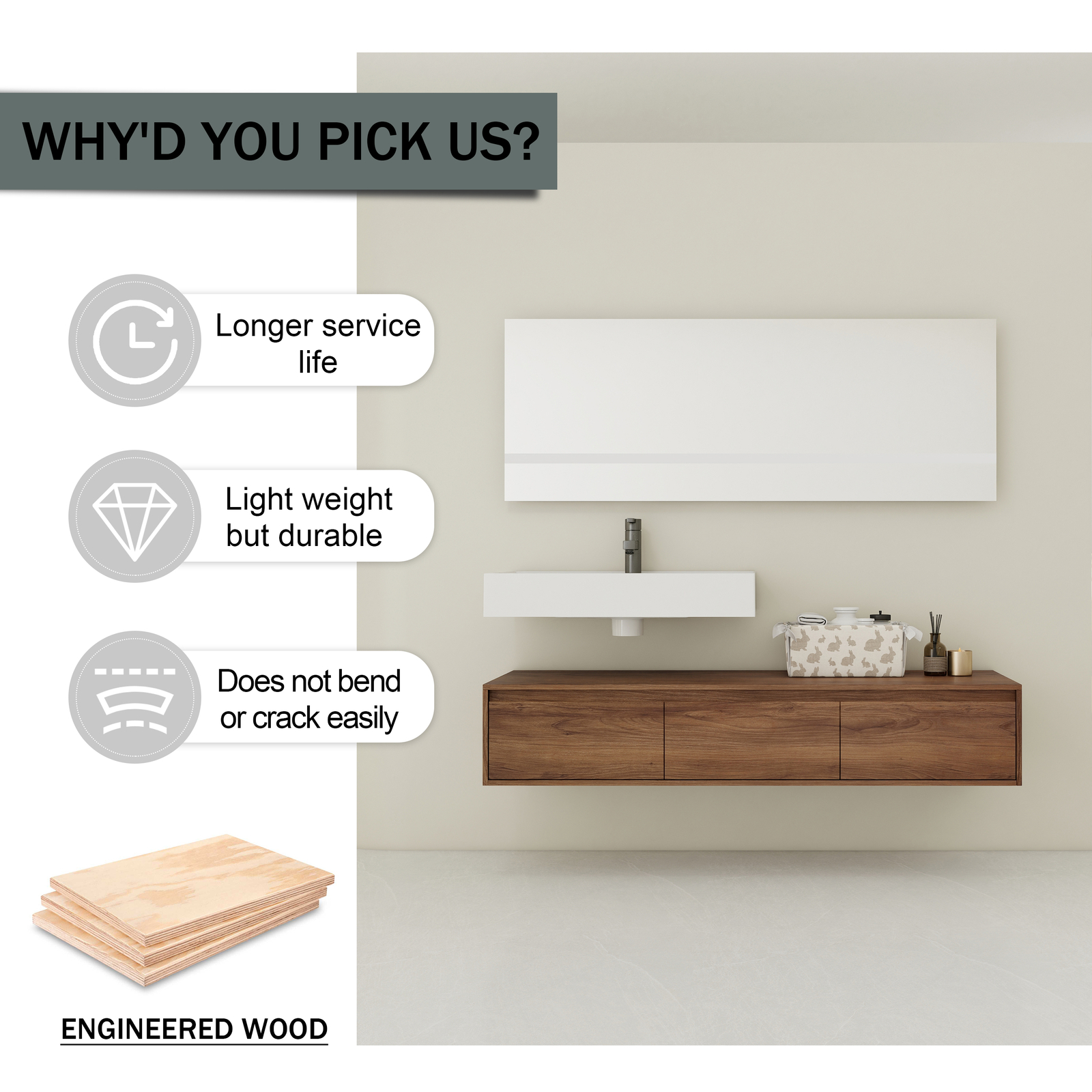 60 in Wooden Floating Wall-Mounted Bathroom Vanity W/ Single Resin Sink +Drawers