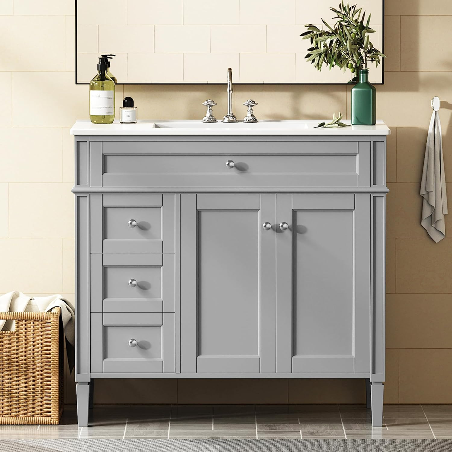 36″ Bathroom Vanity with Sink, Solid Wood Frame Modern Bathroom Vanity, Bathroom