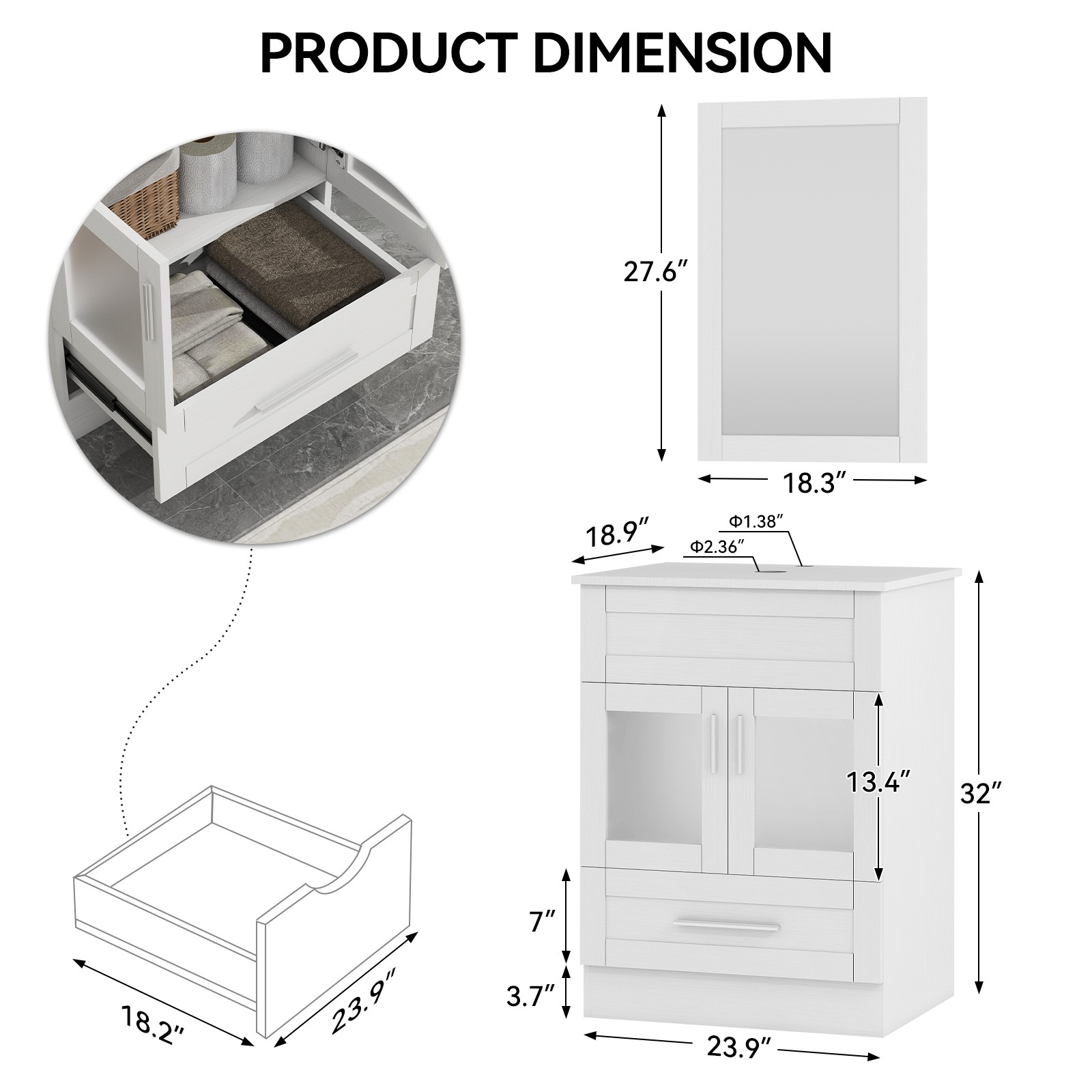 24″ Vanity Bathroom Cabinet w/Mirror & Vessel Sink Basin Bowel Faucet Combo Set
