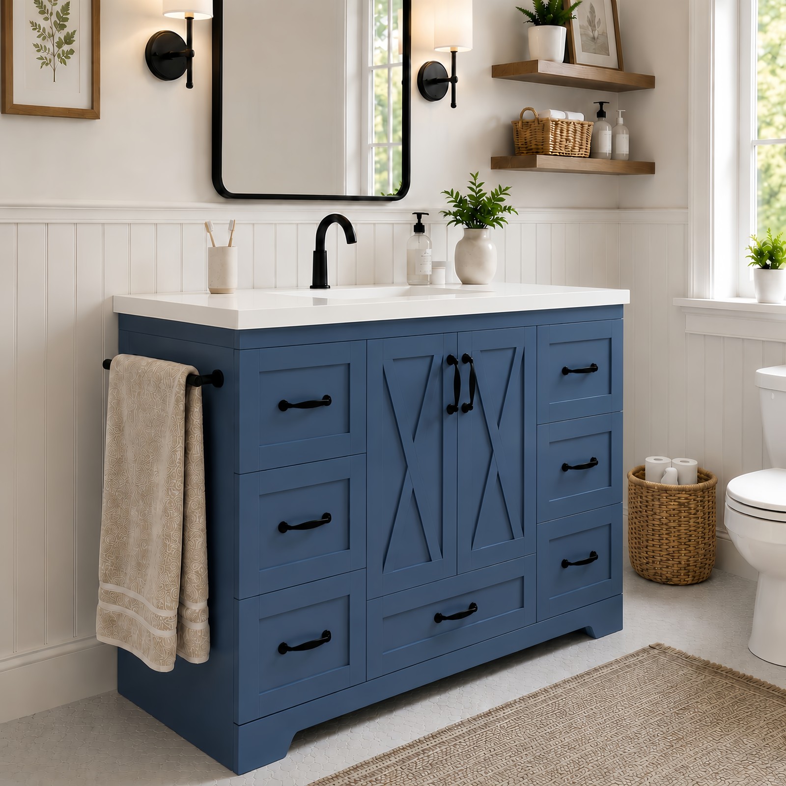 48″ Bathroom Vanity with Sink Ceramic Top Navy Blue Farmhouse Cabinet