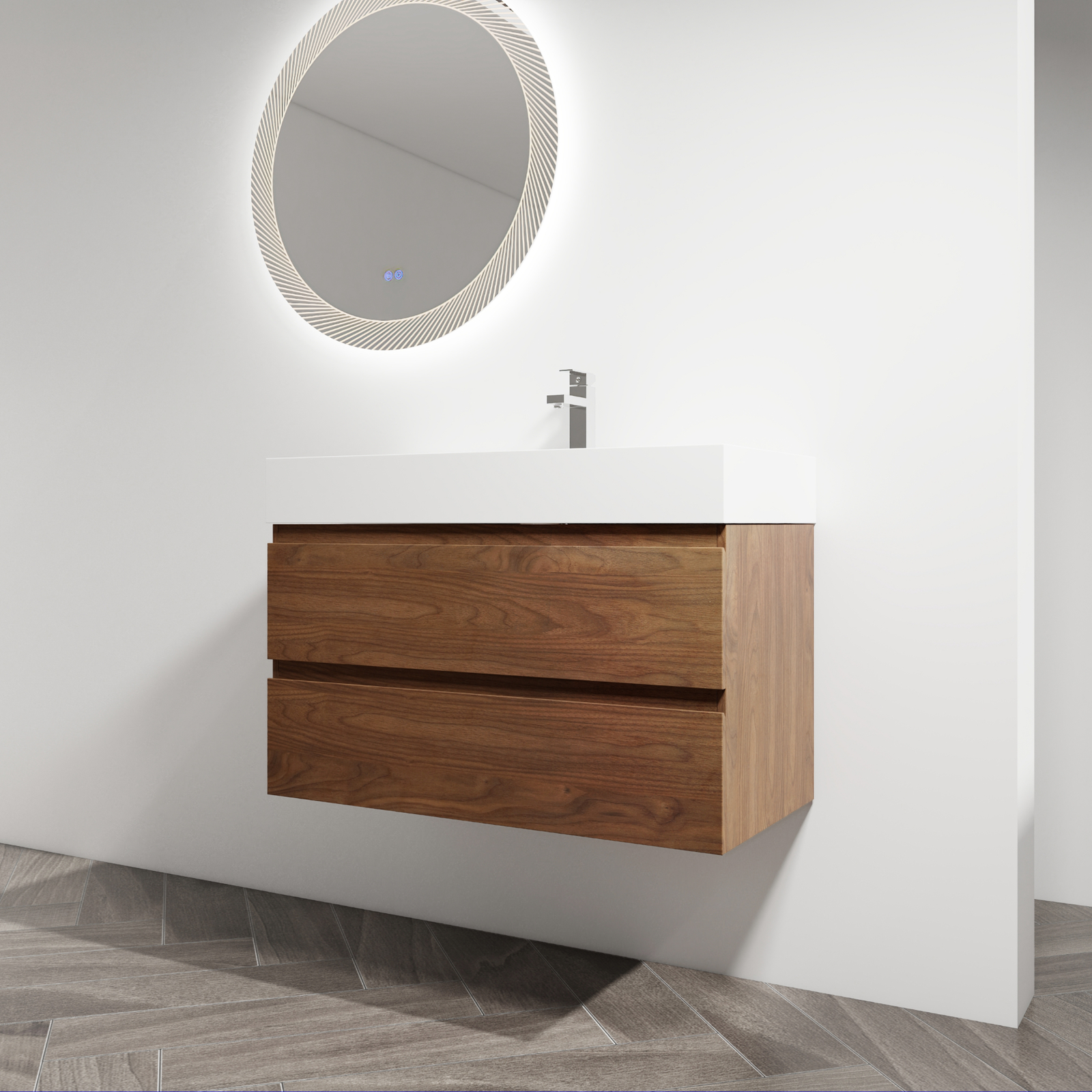 36 inch Bathroom Vanity Wall Mounted W/ Undermount Resin Sink + 2 Drawers Brown