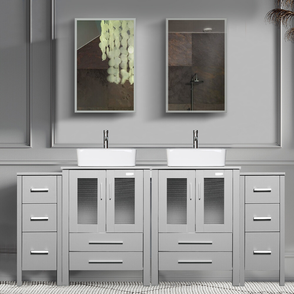 72″ Bathroom Vanity Set Gray Ceramic Double Vessel Sink Faucet Mirror Combo