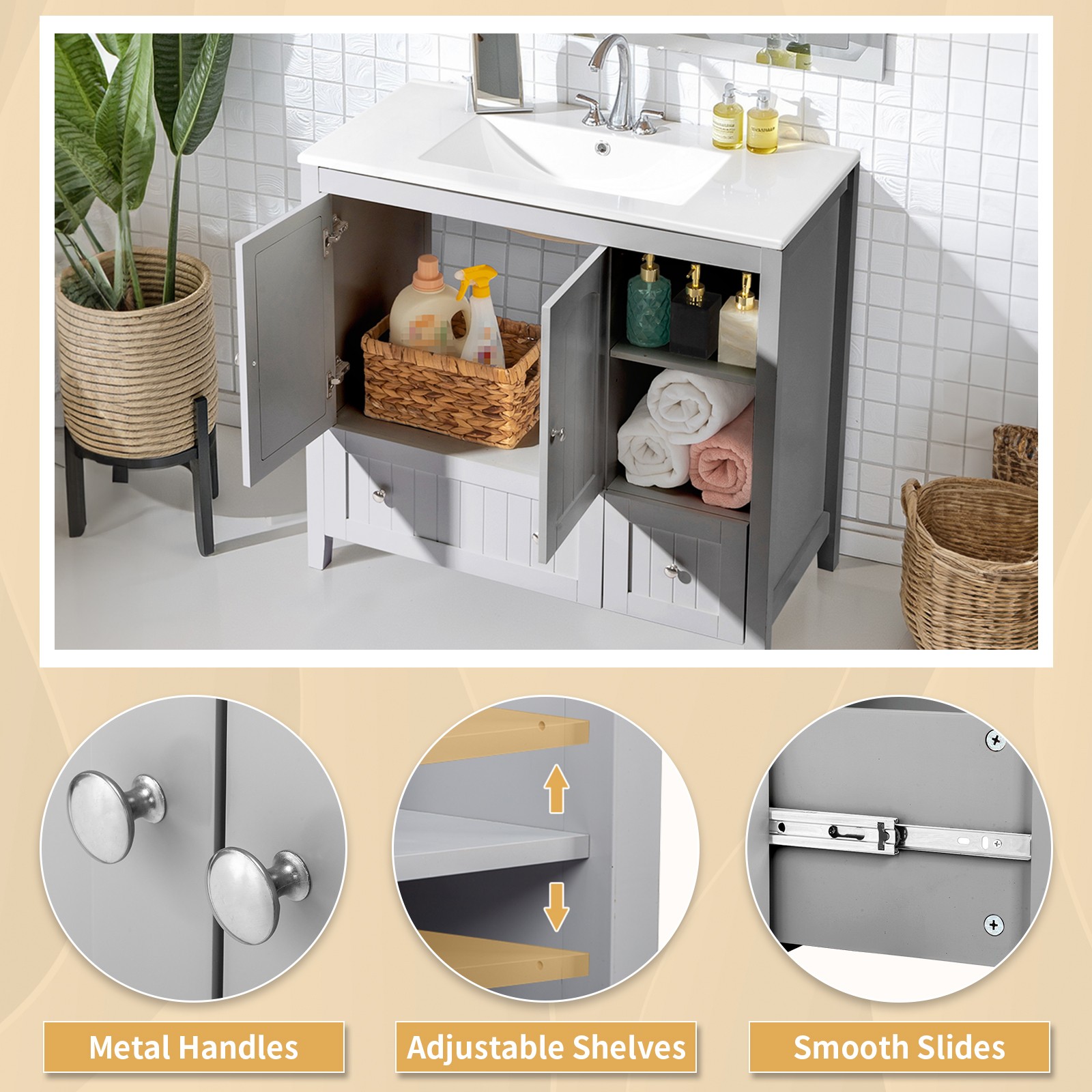 Modern 36″ Bathroom Vanity Without Sink, Wood Cabinet with 2 Doors 2 Drawers