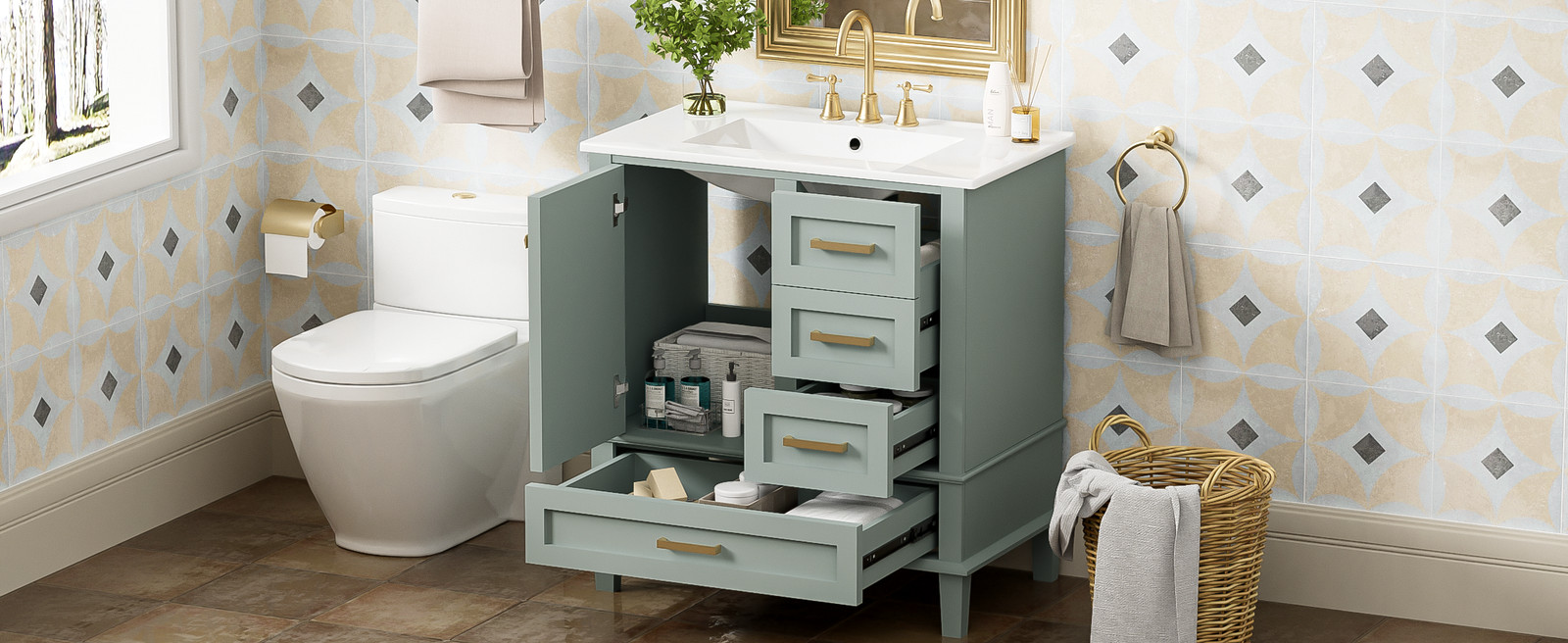 30″ Bathroom Vanity with Sink, Solid Wood Frame, Sage Green