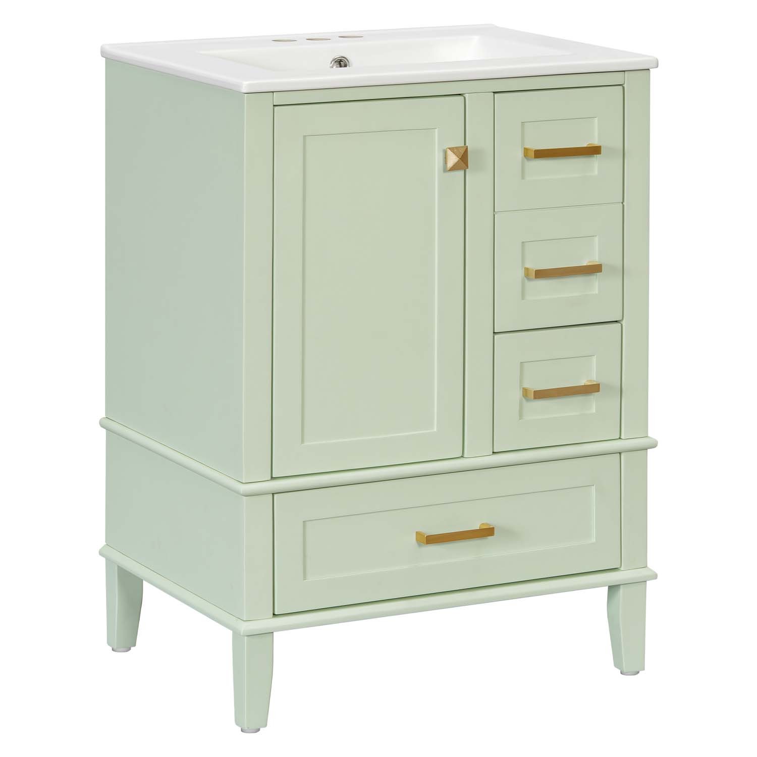 24.8″ Bathroom Vanity Freestanding White Green Hardwood Soft-Close 3 Drawer Sink