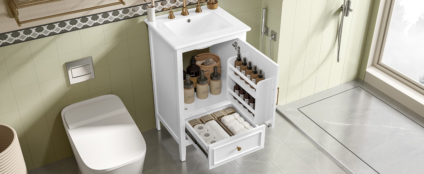 20″ Bathroom Vanity with Ceramic Sink, Cabinet & Drawer, White