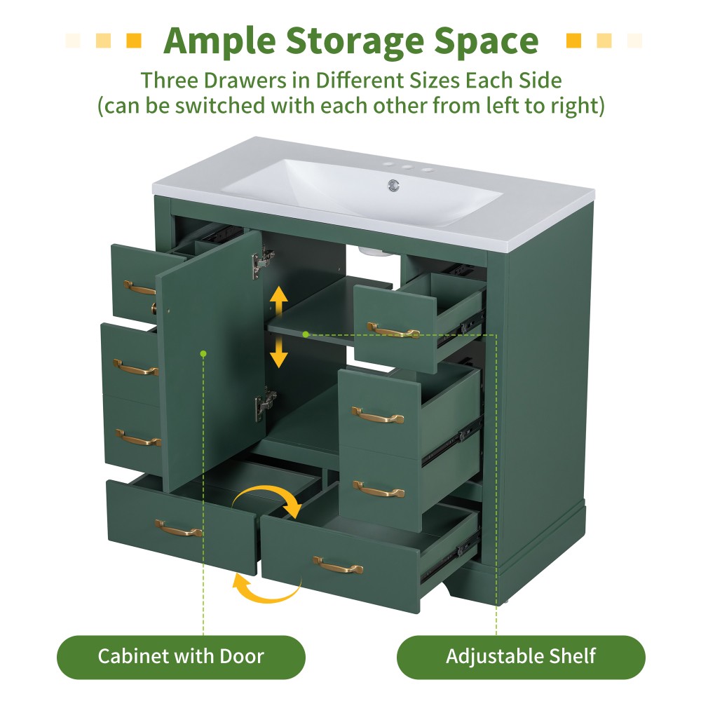 Bathroom Vanity Base Cabinet Six-Drawer Design Features Adjustable Shelves