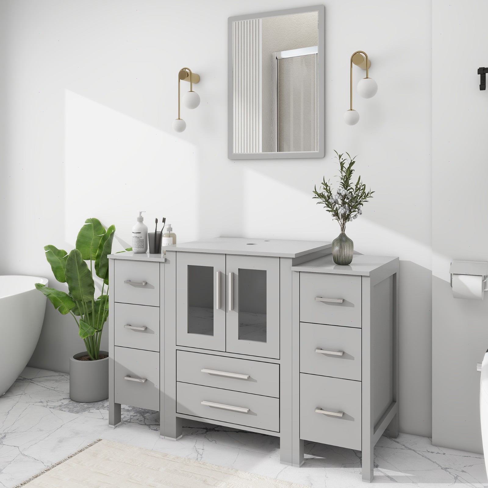 48″ Gray Bathroom Vanity Vessel Sink Set Small Cabinet Faucet Combo No Mirror