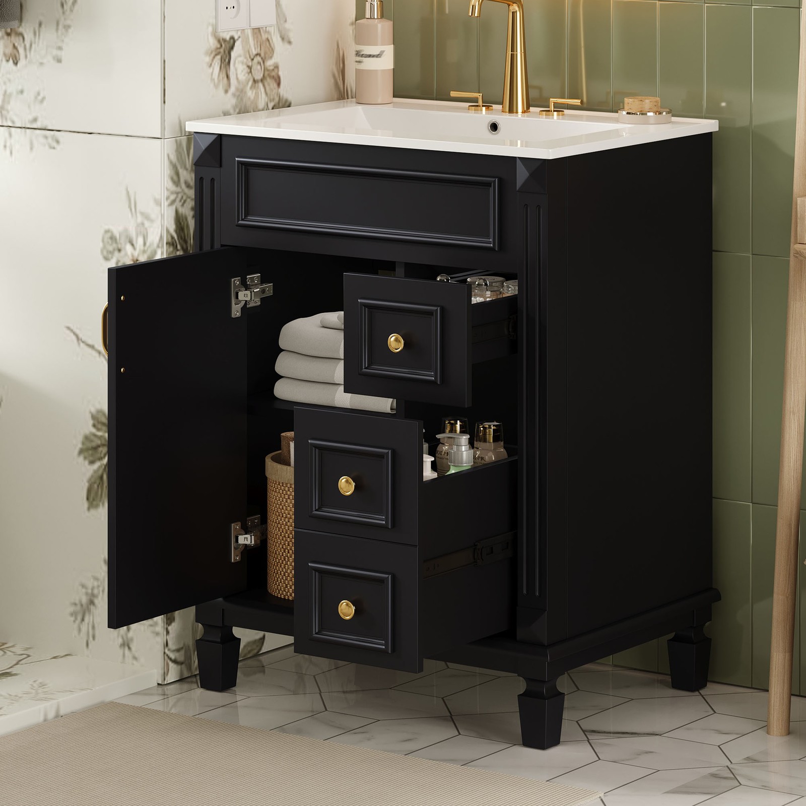 24″ Bathroom Vanity w/Ceramic Sink, Small Bathroom Sink Cabinet with 2 Drawers