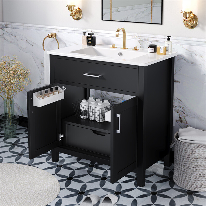 30″ Bathroom Vanity with Ceramic Sink and Storage Cabinet Built-in Drawe & Doors