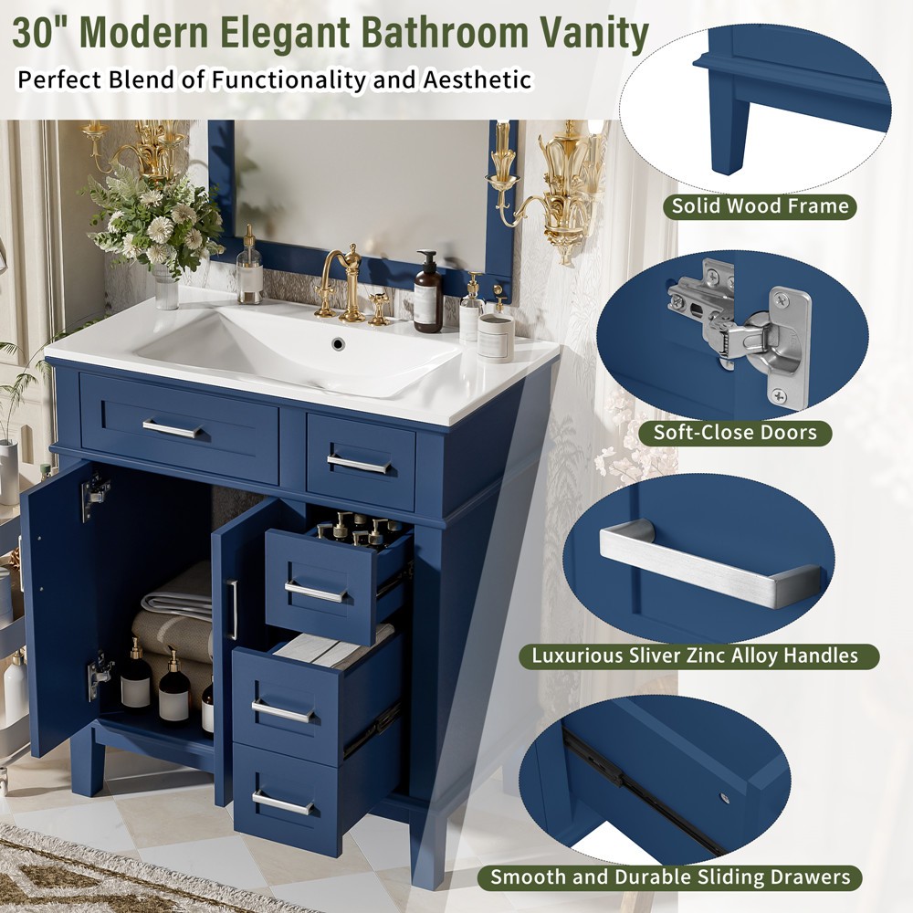 30″ Bathroom Vanity w/Sink, Freestanding Vanity Storage Cabinet, 2 Drawers,Doors