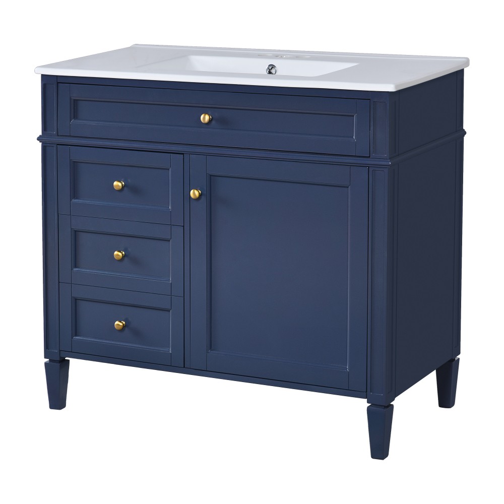 36 Inch Single Sink Bathroom Vanity Gloss Ceramic Top Storage Drawers