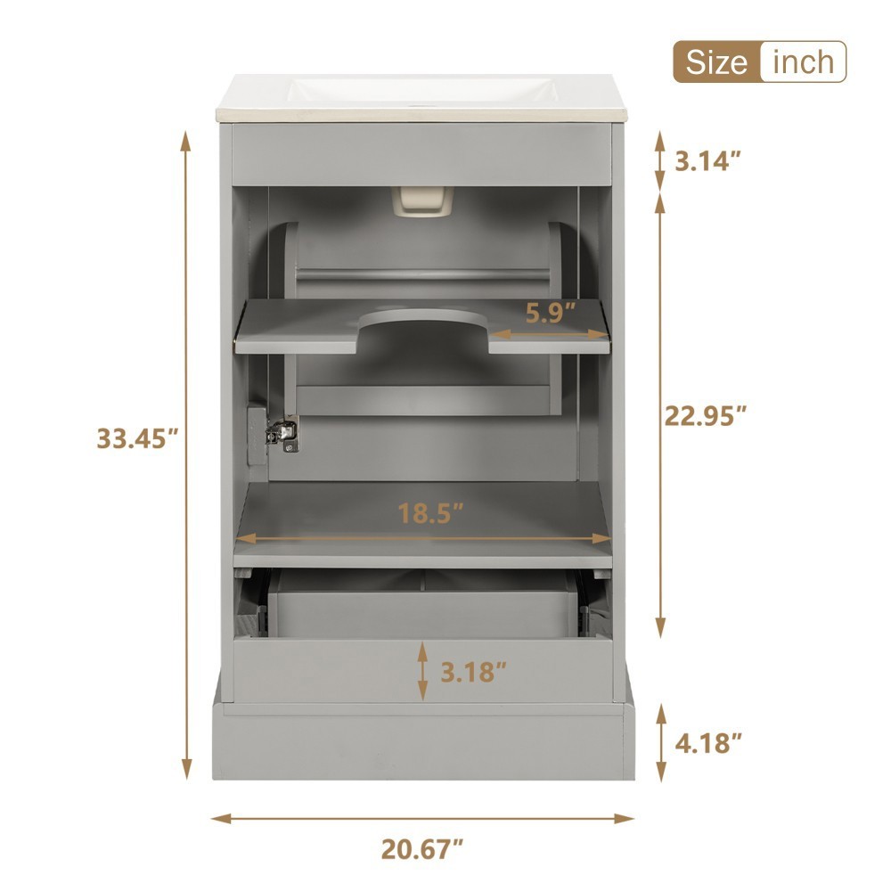 Modern 20″ Bathroom Vanity with Ceramic Sink, Soft Close Door, Adjustable Shelf