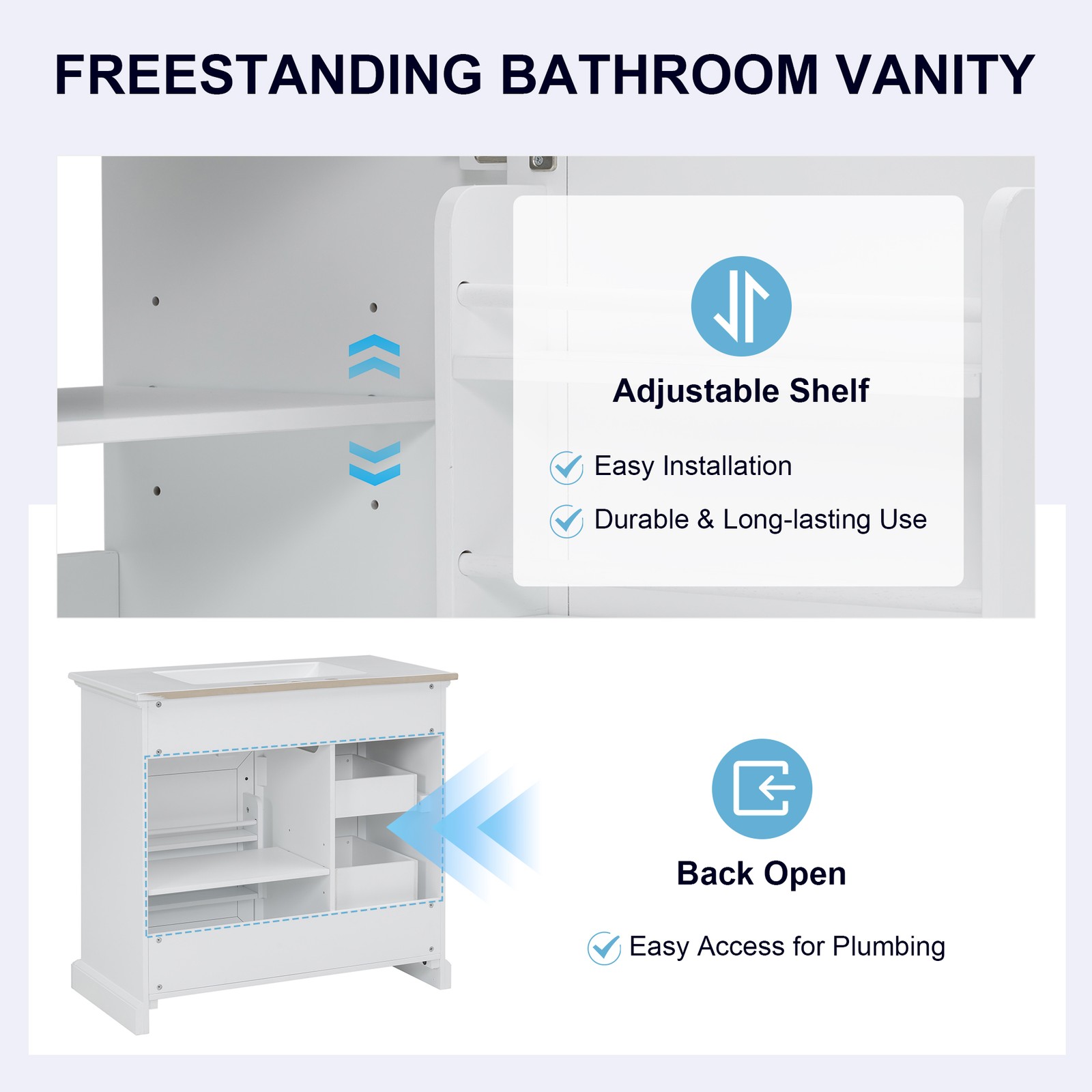 36″ Bathroom Vanity with Ceramic Sink Top, 4 Drawers & 1 Soft-Close Door