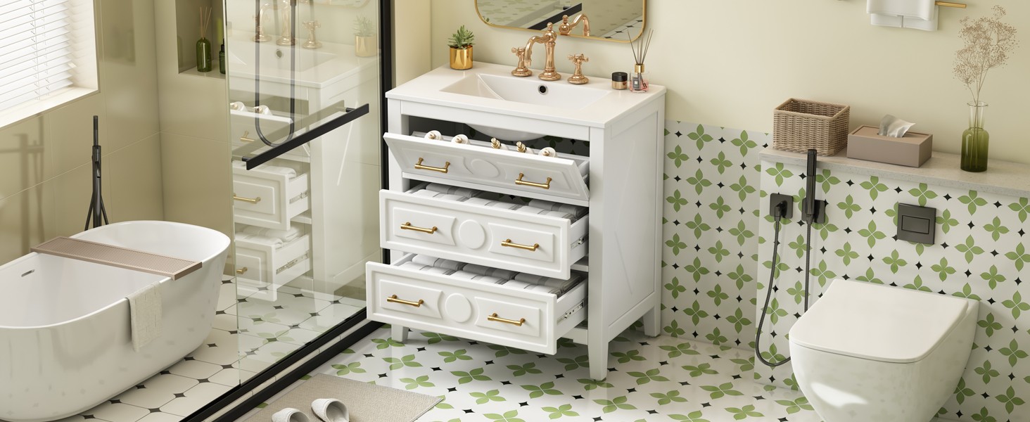 30″ Bathroom Vanity with Ceramic Sink Combo, White, 3 Drawers