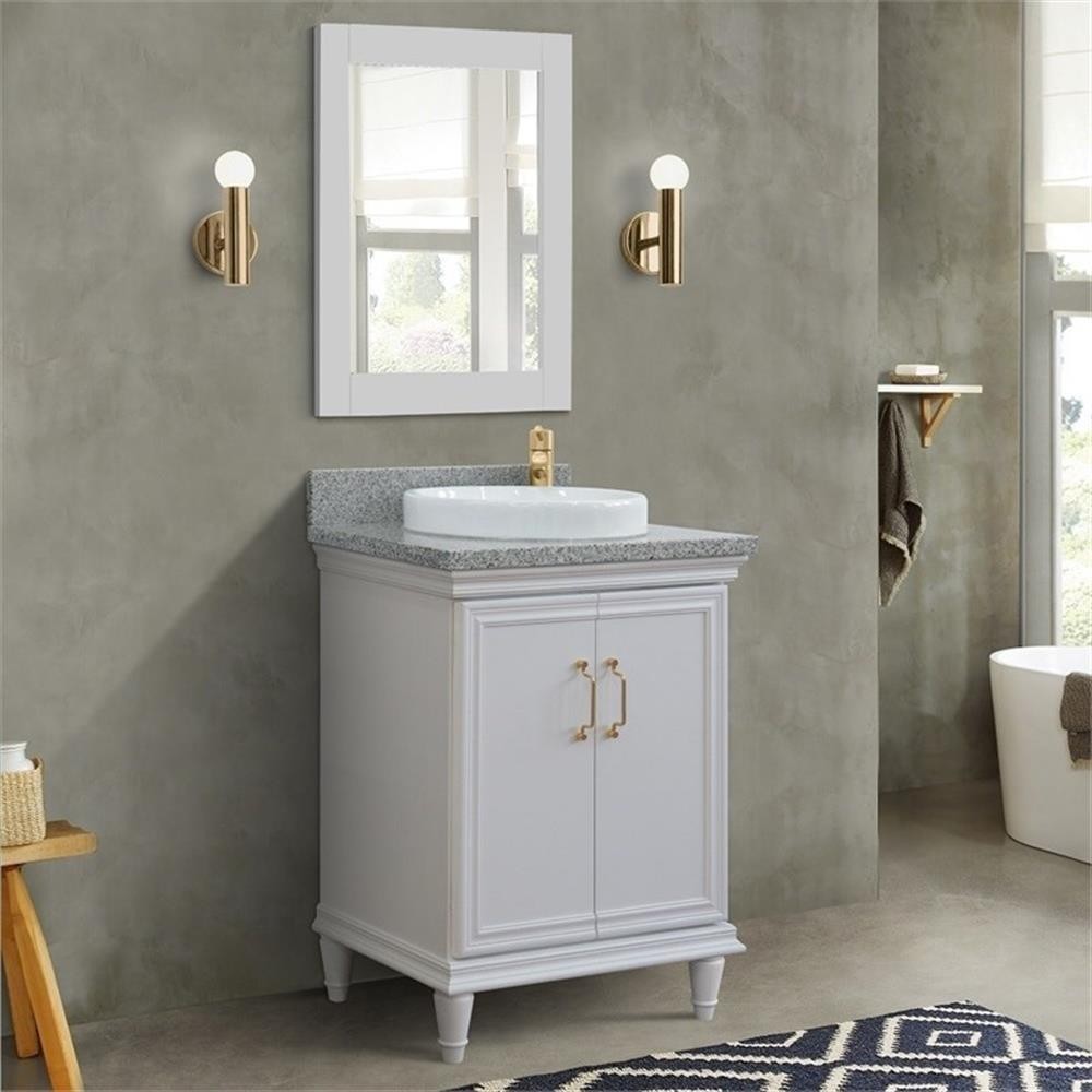 25 in. Single Wooden Vanity White with Gray Granite Round Sink