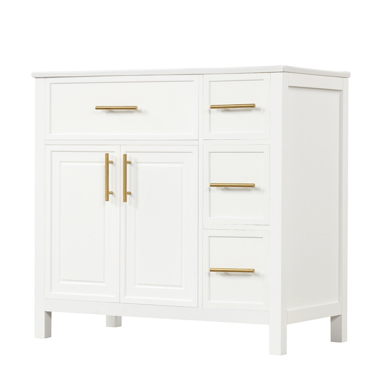 36″ White Bathroom Vanity w/Ceramic Sink Bathroom Cabinet w/2 Doors & 3 Drawers