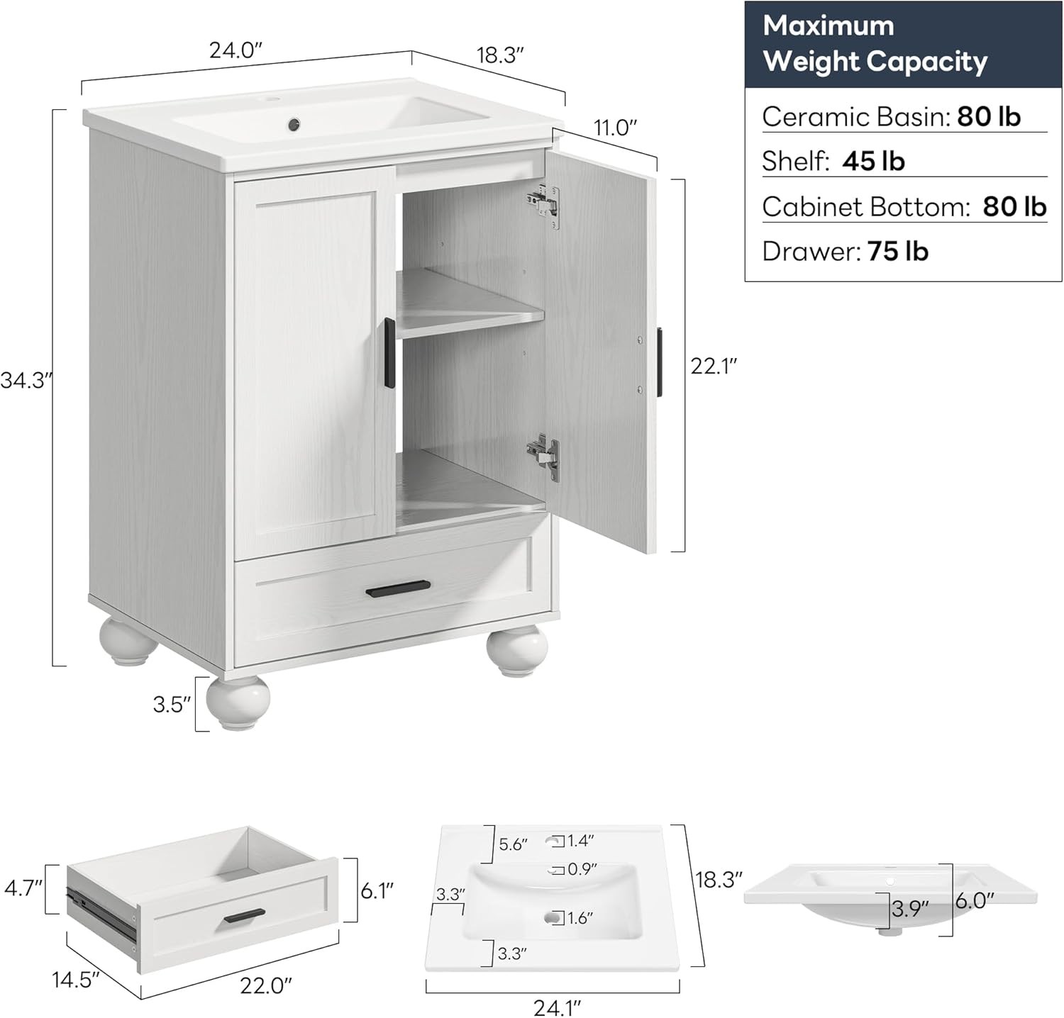 24″ Bathroom Vanity with Ceramic Sink, Small Bathroom Storage Cabinet, 2 Doors