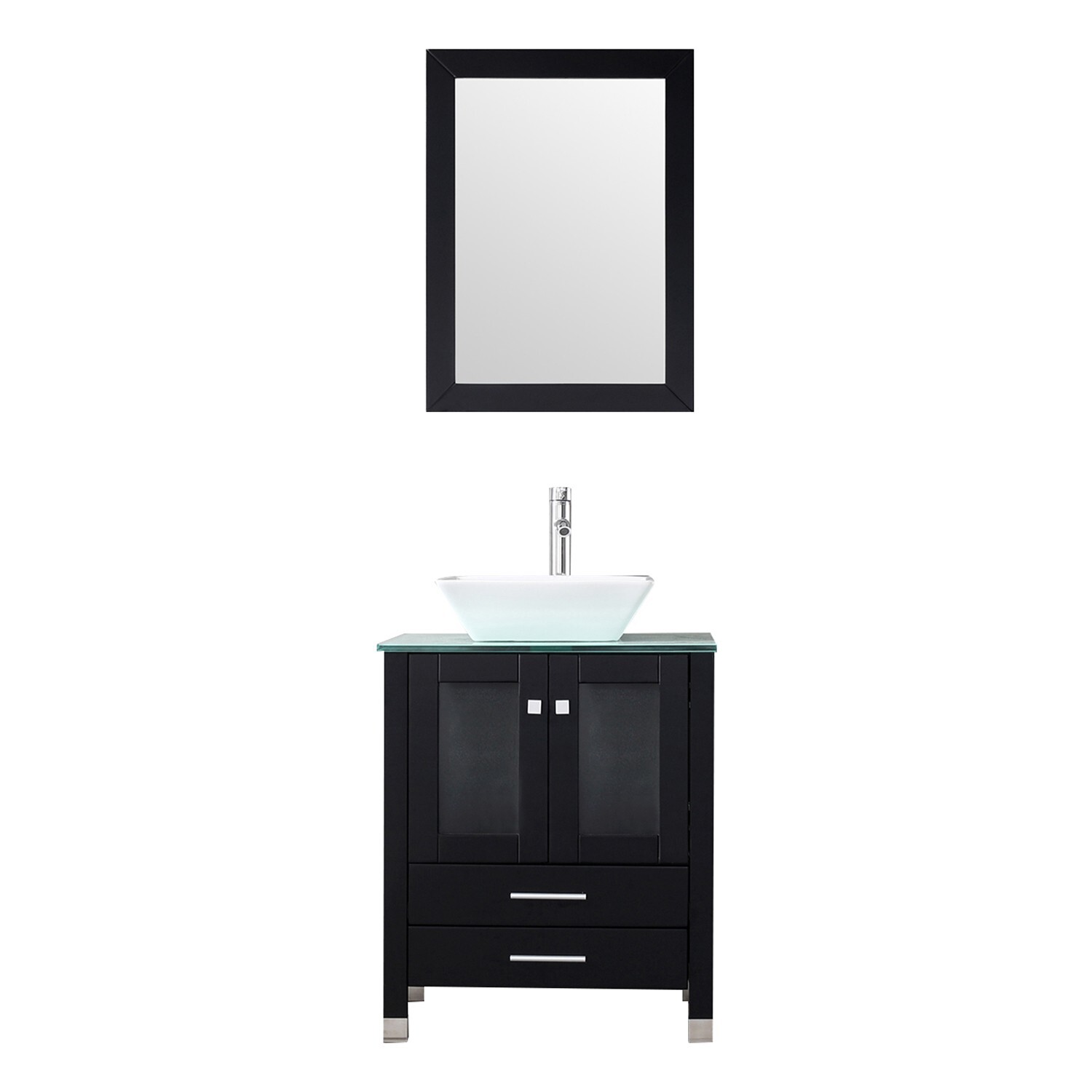 24” Single Black Bathroom Vanity Cabinet Ceramic Vessel Sink w/ Faucet Mirror