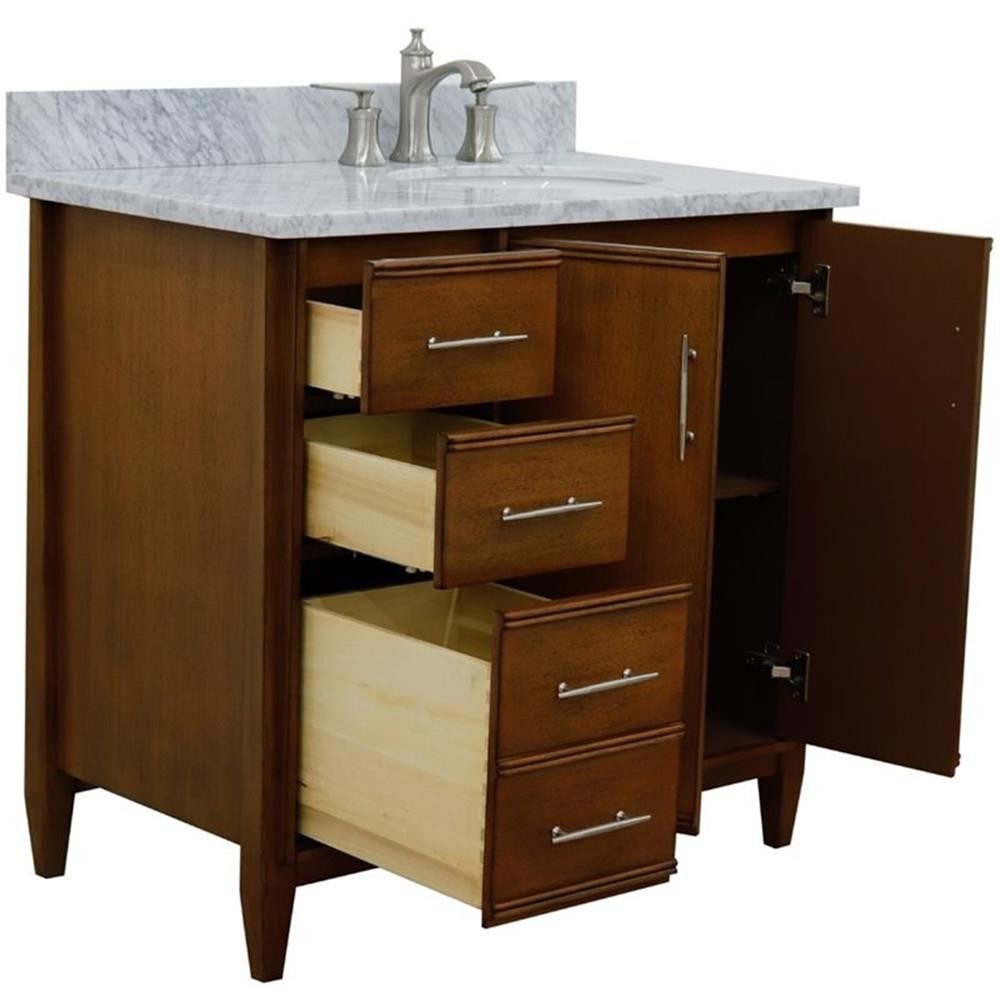 MCM Solid Wood Single Vanity with Right Oval Sink in Walnut/White Carrara