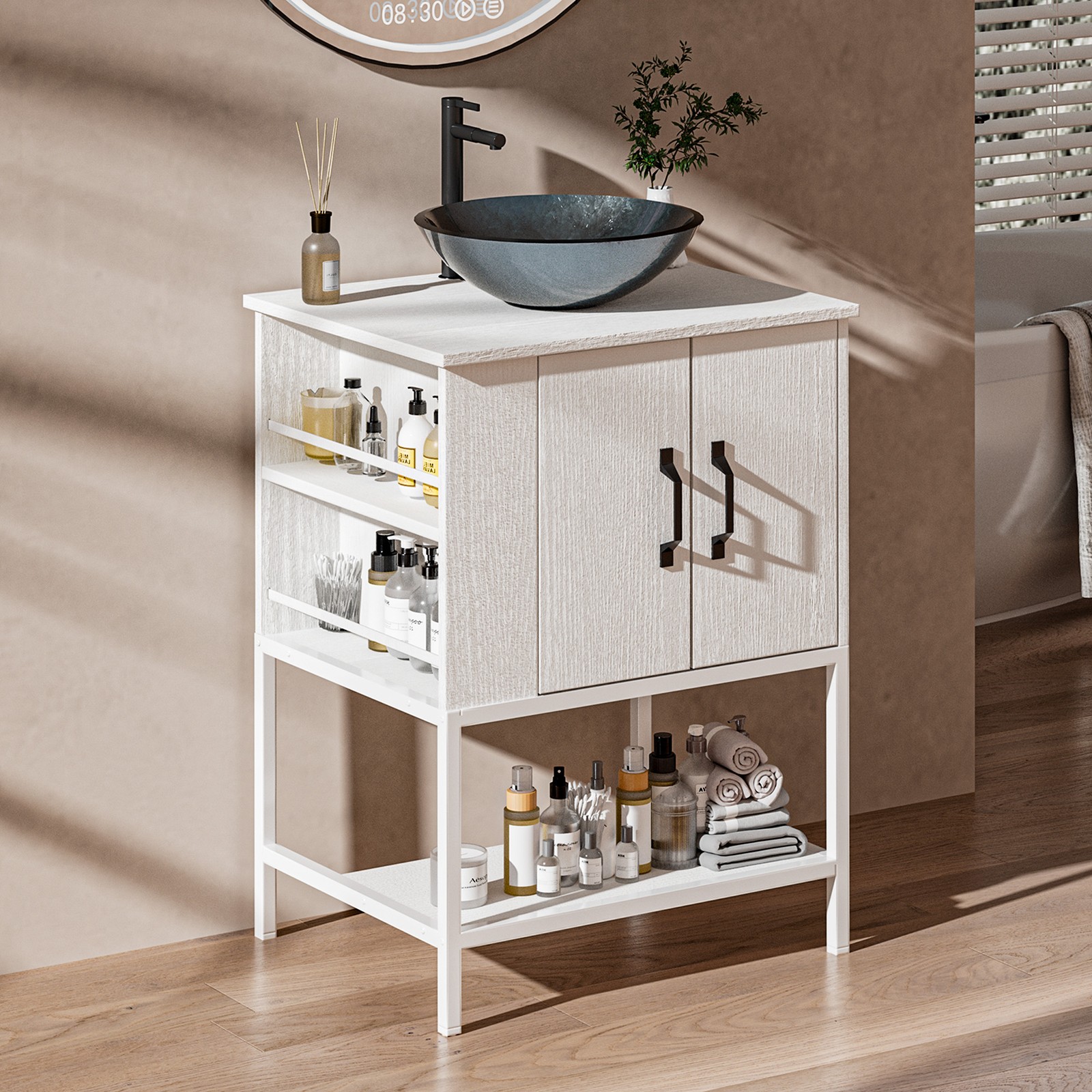24″ Bathroom Vanity w/Tempered Glass Vessel Freestanding Cabinet Open Shelf New