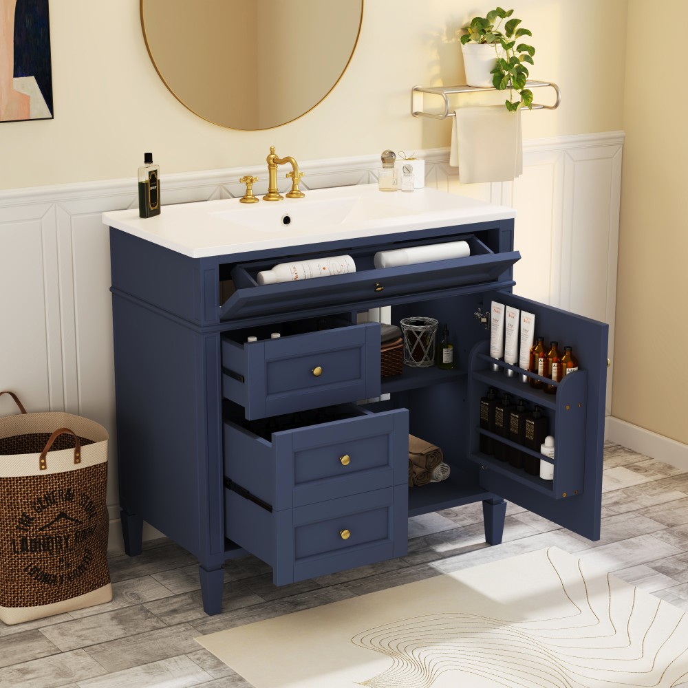 36 Inch Single Sink Bathroom Vanity Gloss Ceramic Top Storage Drawers