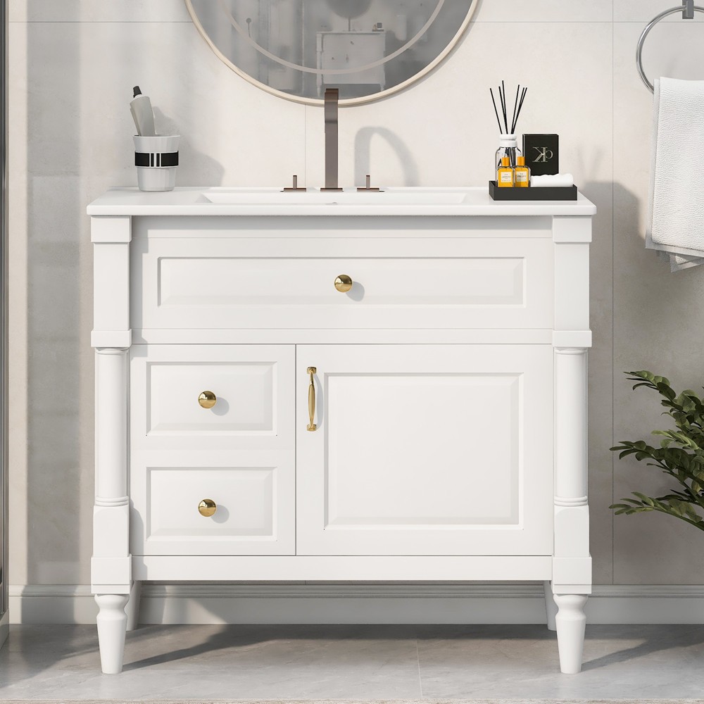 36″ Bathroom Vanity w/ Sink, Freestanding Vanity Cabinet, Door Shelf, 2 Drawers